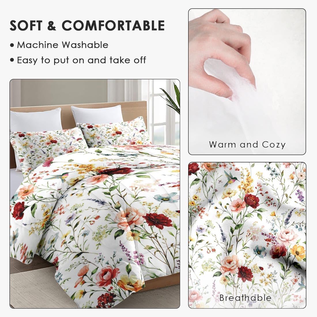 Queen Size Comforter Set with 2 Pillowcases, Wildflower Flower Floral 3 Pcs Bedding for Kids and Adults, Boho Watercolor Butterfly Soft Comforter Set for Bedroom Bed Decor
