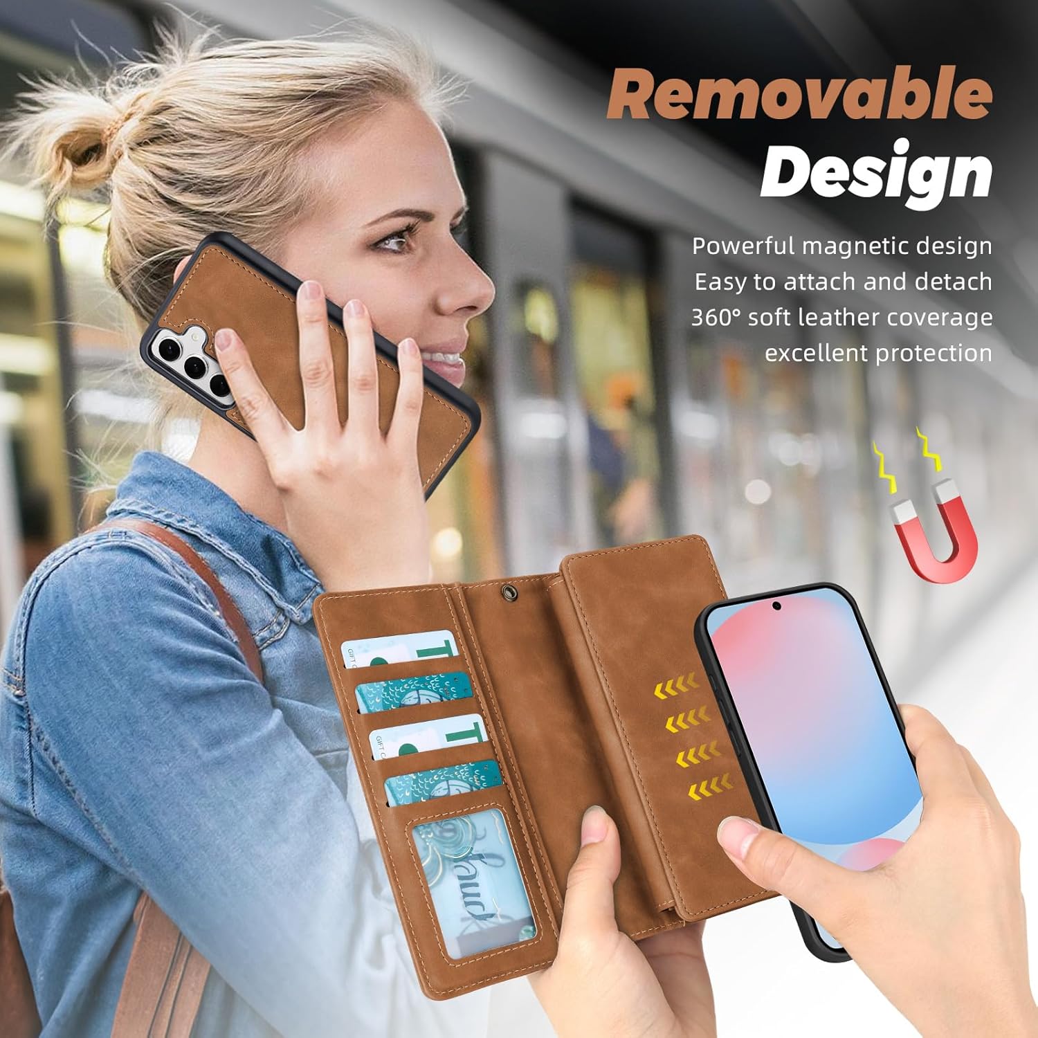 TwoHead Wallet Case Compatible with Samsung Galaxy S24 FE,Detachable Magnetic Phone Case,PU Leather All-Round Protective Cover Wallet,with Card Holder/Change Pocket(6.7 in,Brown)