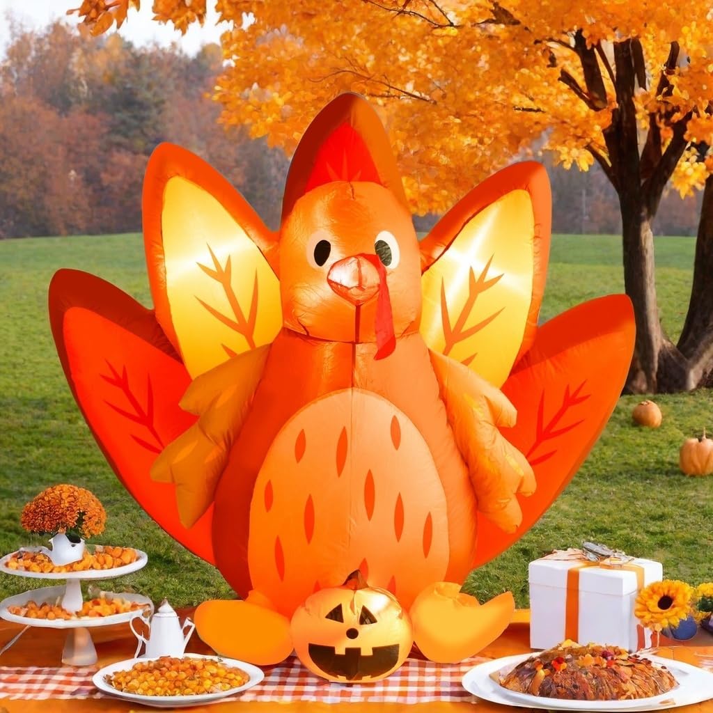 5FT Halloween & Thanksgiving Inflatable Turkey&Pumpin,with Built-in LED Lights, Outdoor/Indoor Seasonal Decoration with Pumpkin, Yard Lawn Garden Holiday Blow-Up Decor