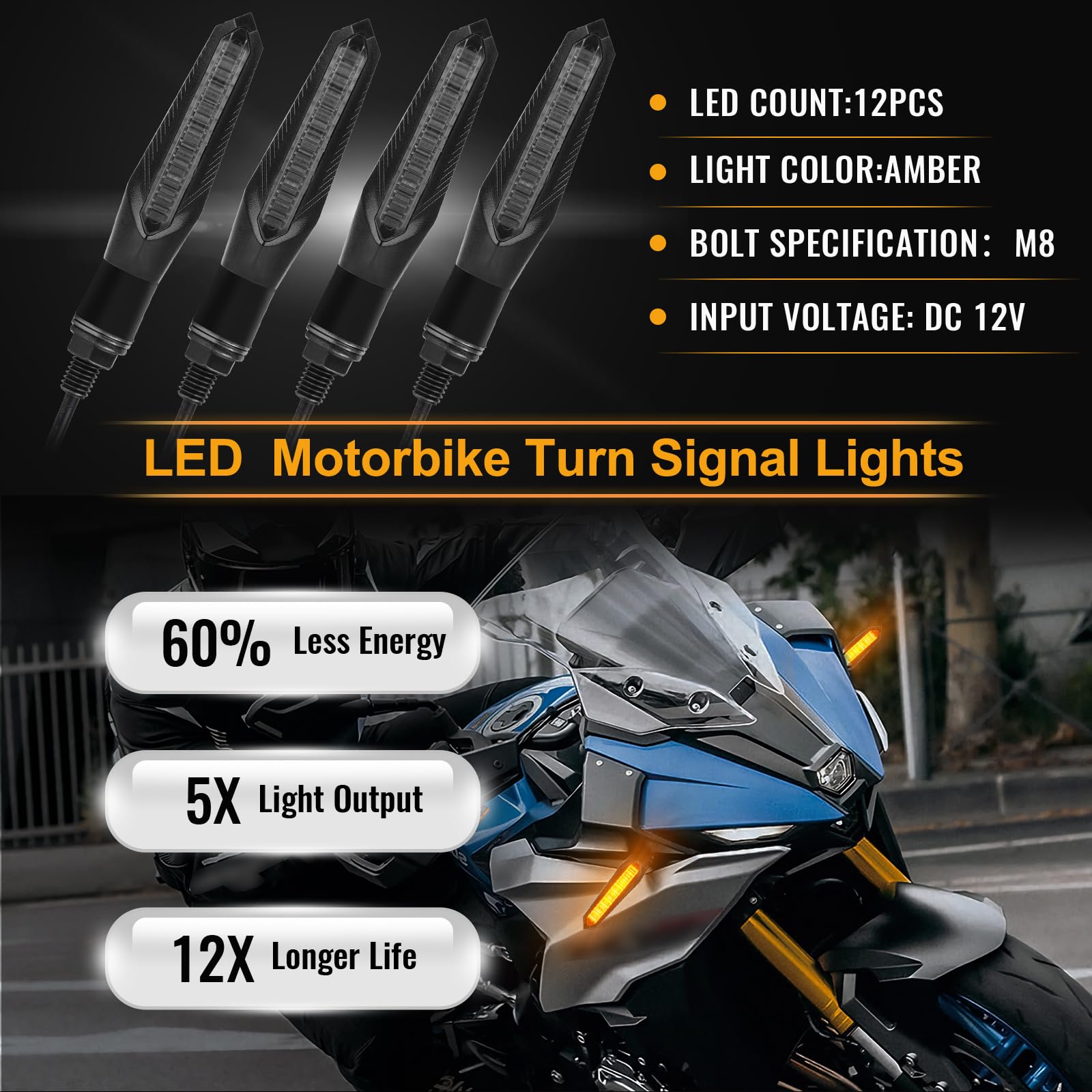 4PCS Motocicleta LED Indicadores de Intermitentes, 12 V M8 Intermitente Indicador Circular Indicadores De Motocicleta, Ámbar, Impermeable