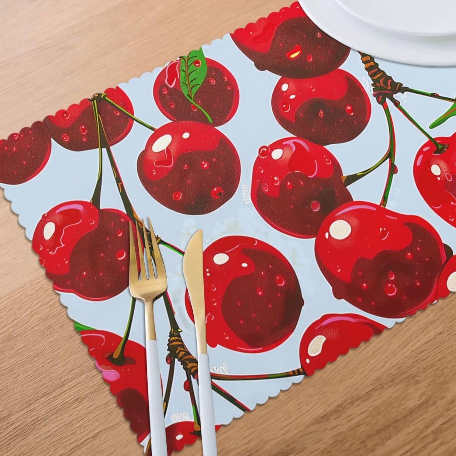 Red Cherries Printed Heat Resistant Placemats 6 PCS - Non-Slip Washable Kitchen Table Mats for Dining, Parties & More (18x12in, Polyeste)
