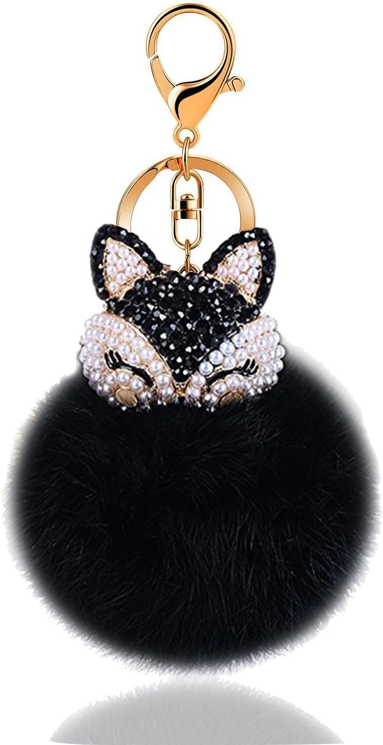 Cute Fox Fur Ball Keychain,Car Handbag Pendant Pom Pom Key Ring Chain with fashion Alloy Synthetic Diamonds Decorative for Women Girl Gifts (Black)