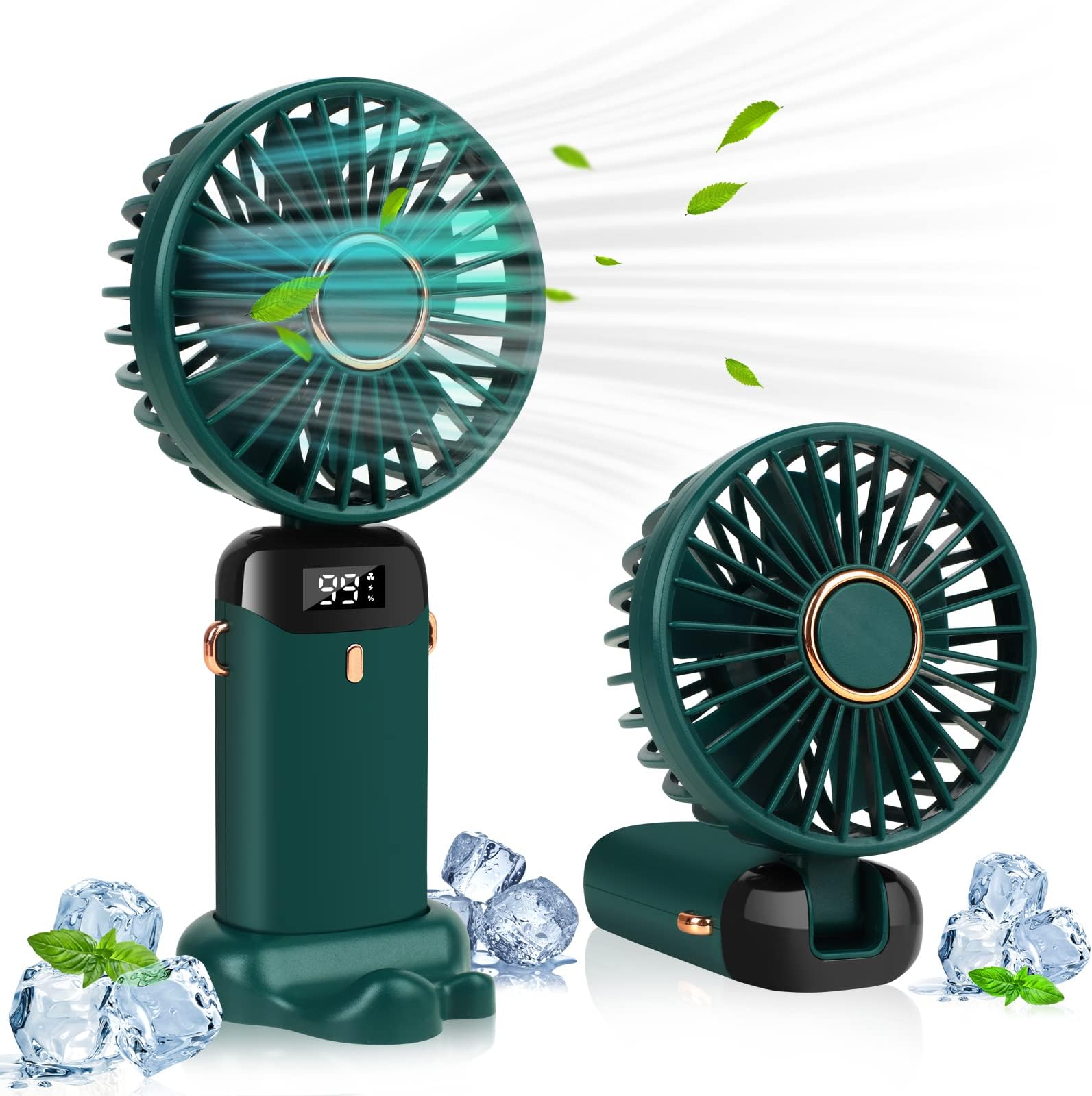 Portable Handheld Fan, 4000mAh Mini USB Rechargeable Fan with Digital Display, Small Personal Pocket Fans with 5 Speeds, Hand Held Fans with Lanyard and Base for Home Travel (Green)