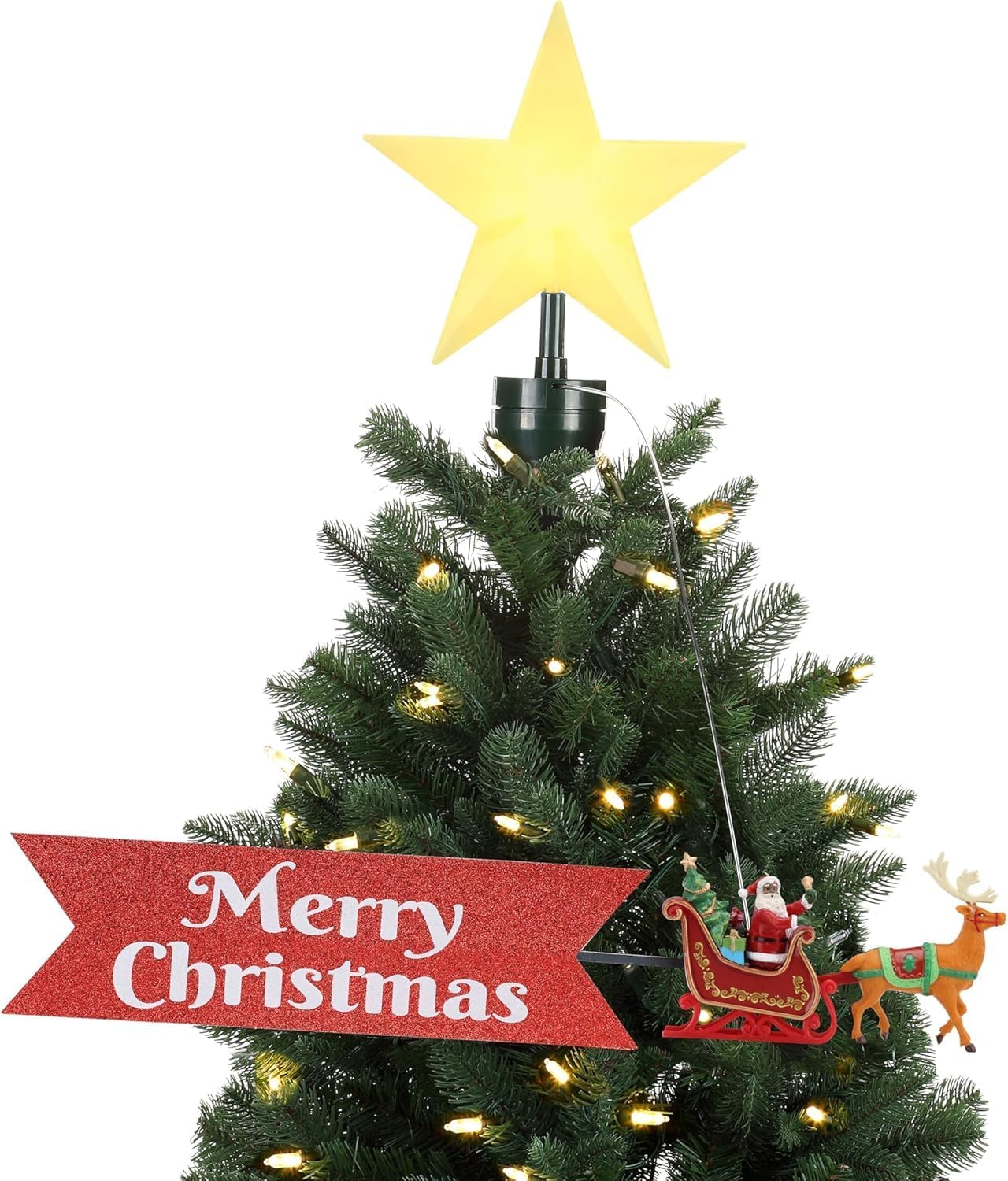 Mr. Christmas Animated African American Santa's Sleigh Christmas Tree Topper- with Merry Banner Christmas Decoration, Illuminated LED Star, Velcro Straps to Easily Attach, 21.75 Inch, Multi Black Santa Sleigh