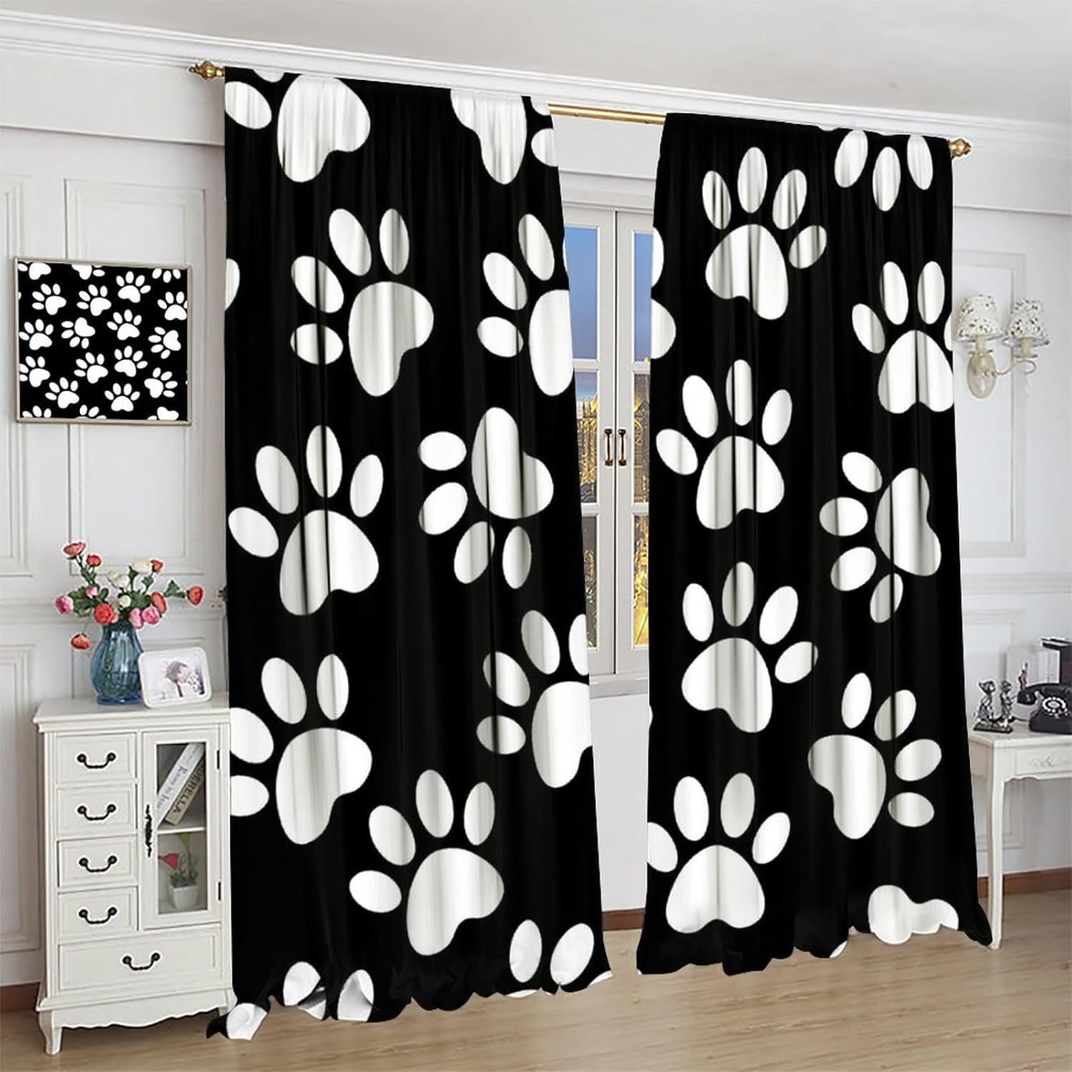 Cute Dog Paw Print Blackout Curtains, Cartoon Black White Animal Dog Paw Print Creative Pattern for Kids Bedroom Living Room Curtains,84X84 Inch