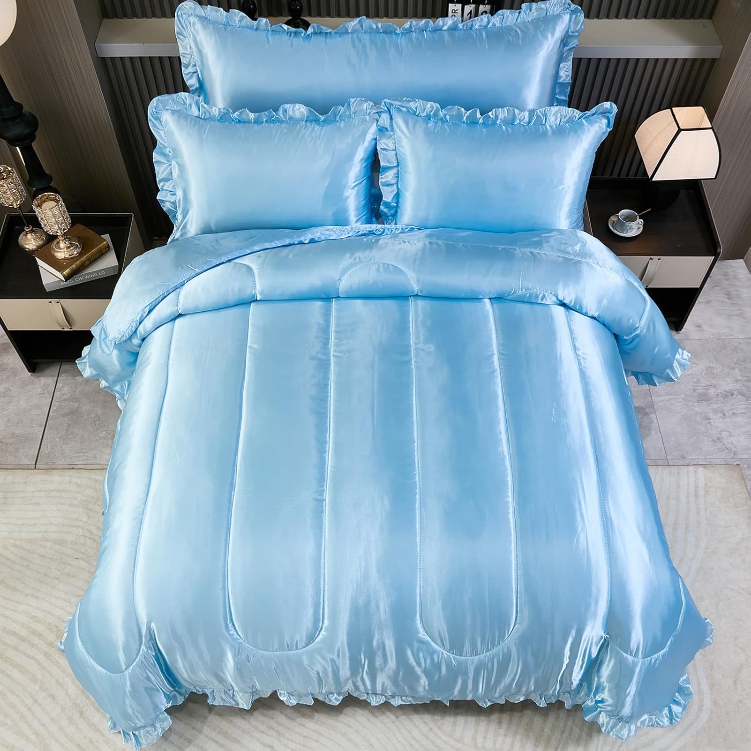 Satin Queen Comforter Silk Like Baby Blue Bedding 4 Pcs Hotel Soft Polyester Bed Set Luxury Silky Body Pillow Cover Ruffle Home Decor