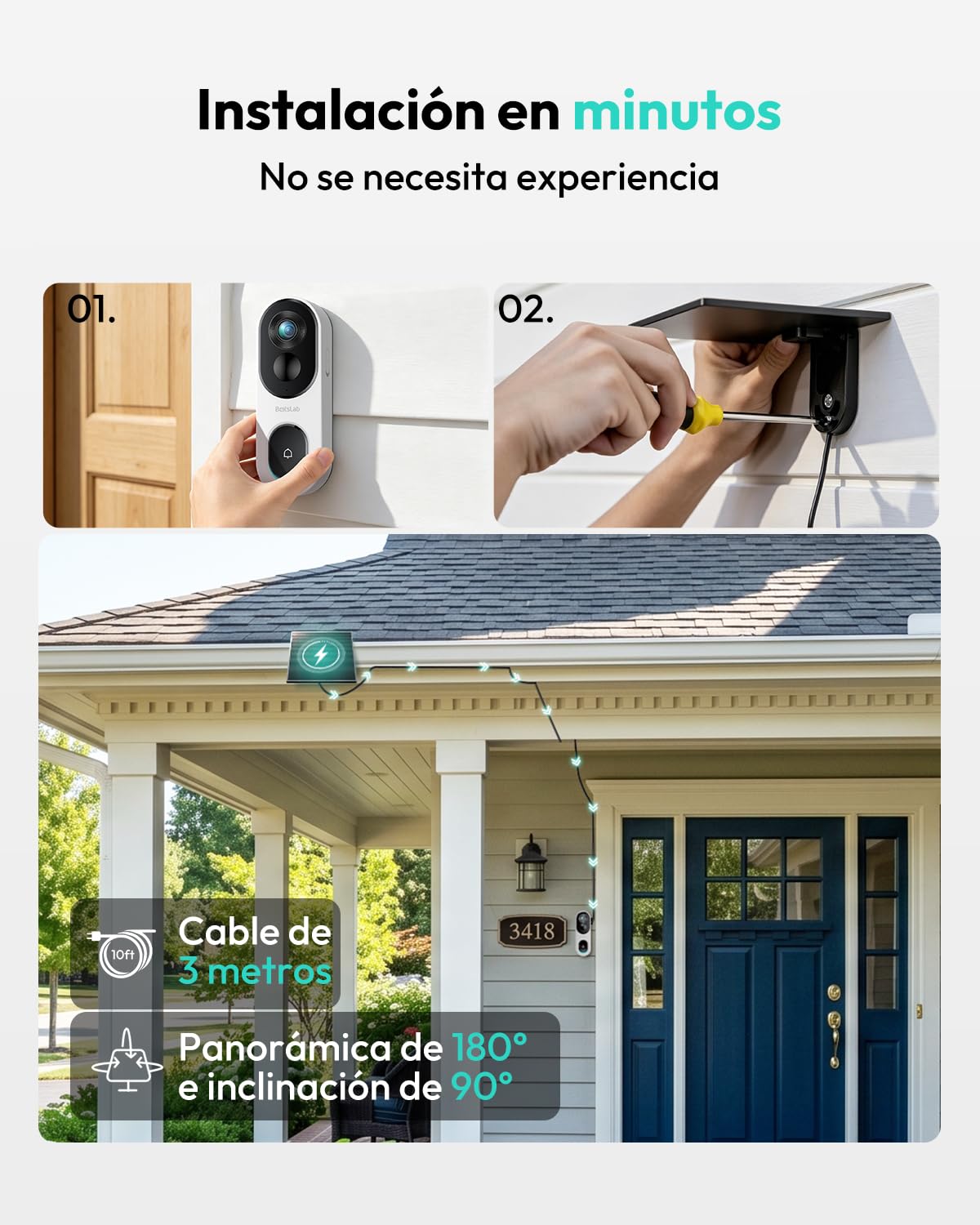 BOTSLAB Timbre inalámbrico Exterior Impermeable 2K con Panel Solar | Timbre de vídeo de alimentación continua con vista, cabezal y pies 1:1, audio bidireccional, detección humana, WiFi 2,4 GHz
