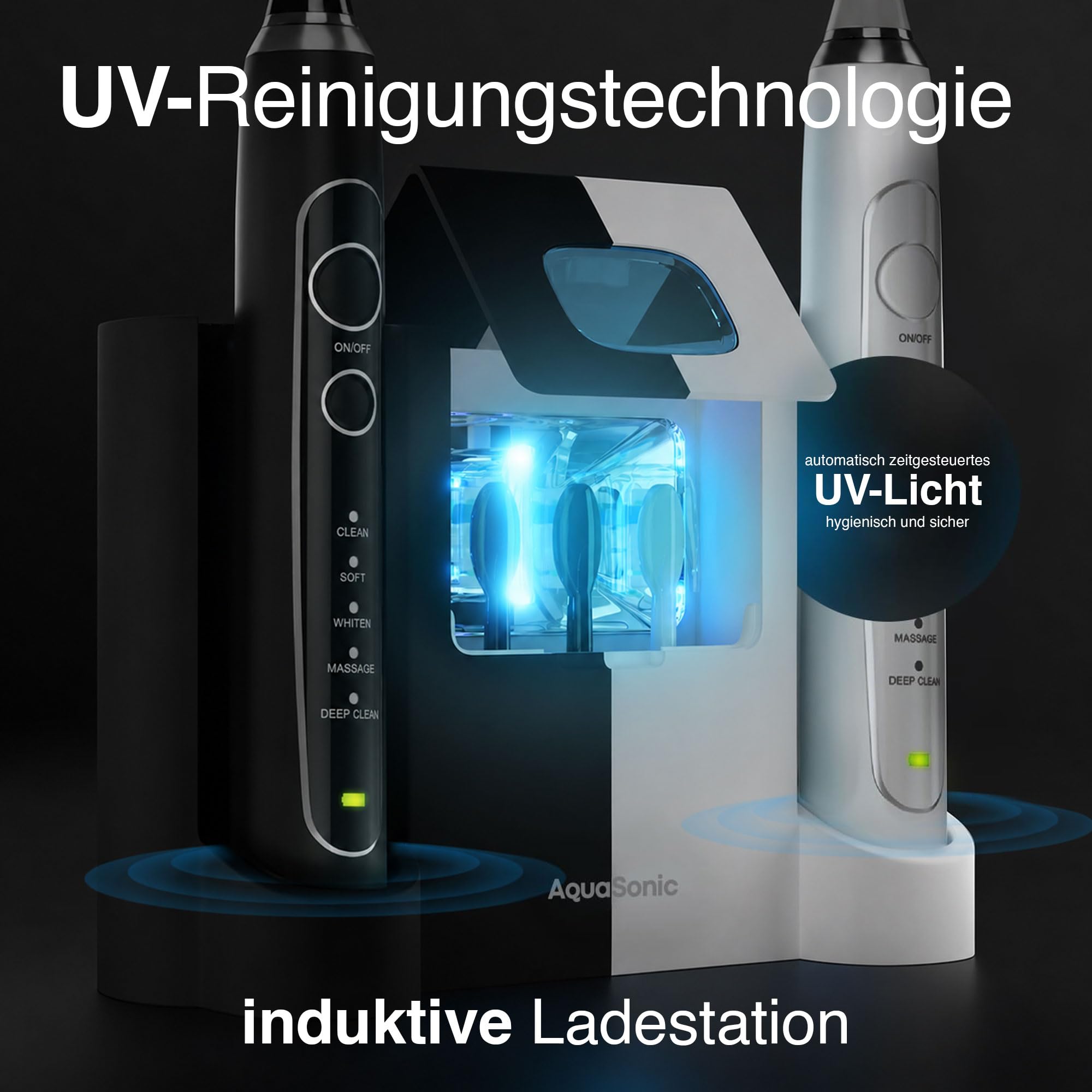 Aquasonic - Duo Series PRO UV | ADA akzeptierte elektrische Zahnbürste mit UV-Sanitizer - Induktive Ladestation, 5 Modi mit Smart Timern, 10 Proflex Bürstenköpfe & 2 Reiseetuis