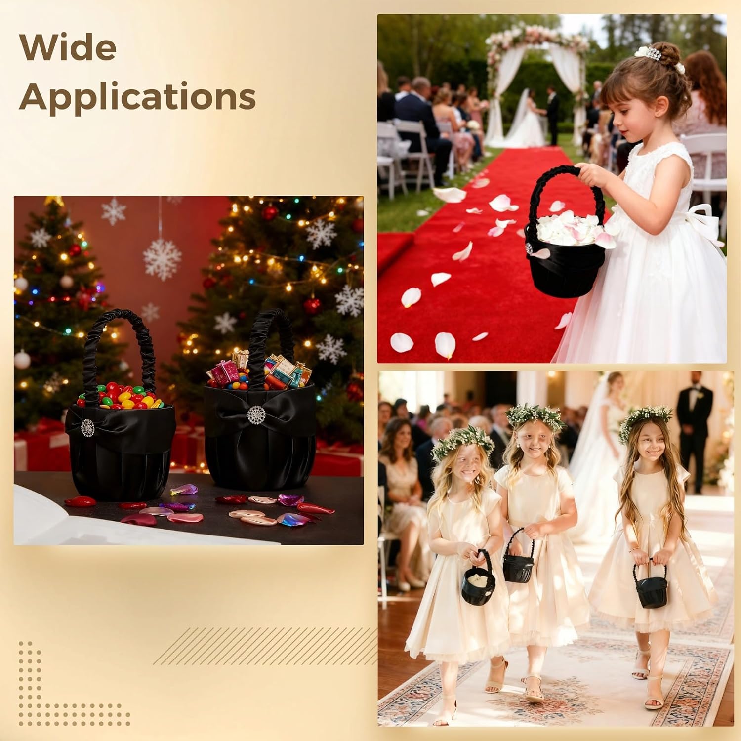 2 Pcs Black Flower Attendant Basket Set, 5.1 x 5.1 x 8.7 in, with Rhinestone and Snowflake Embellishments, Elegant Wedding Flower Basket for Ceremony Decorations