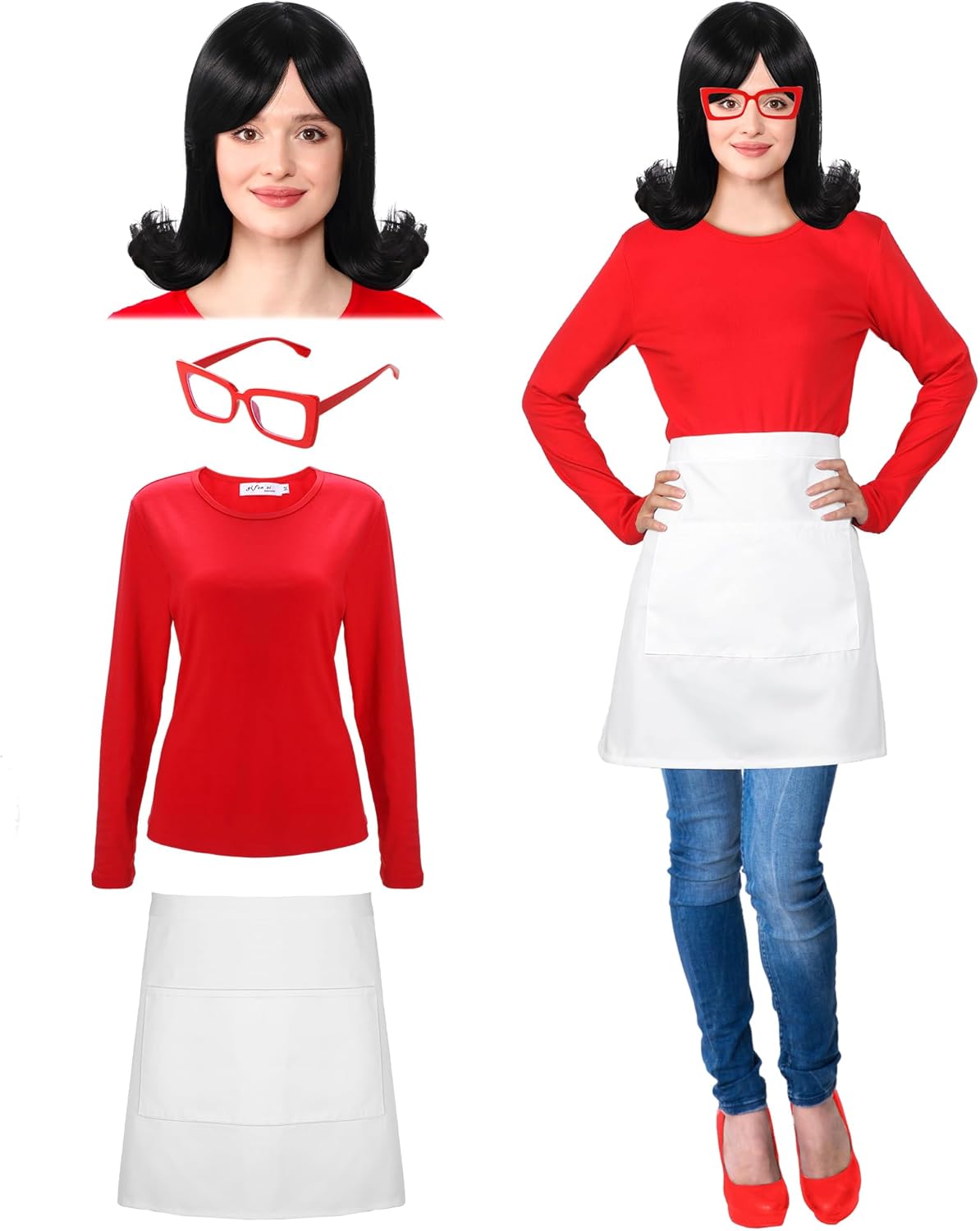 4 Pcs Halloween Costume for Women Include Black Wig Long Sleeve Shirt Red Cat Eyeglasses White Half Apron for Halloween Medium