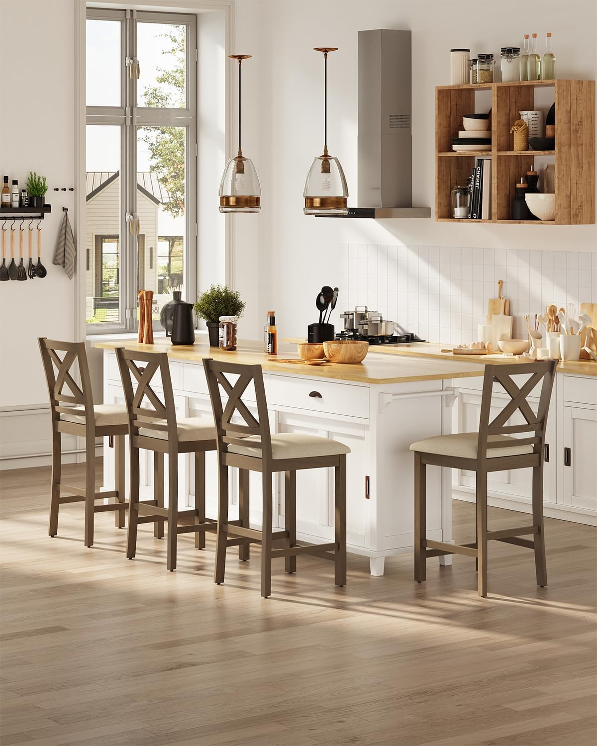 Bar Stools Set of 2, Mid Century Modern Counter stools with Upholstered Fabric, 26'' H Wooden bar stools for Counter Height, Kitchen Island, Dining Room and Bistro, Light Brown