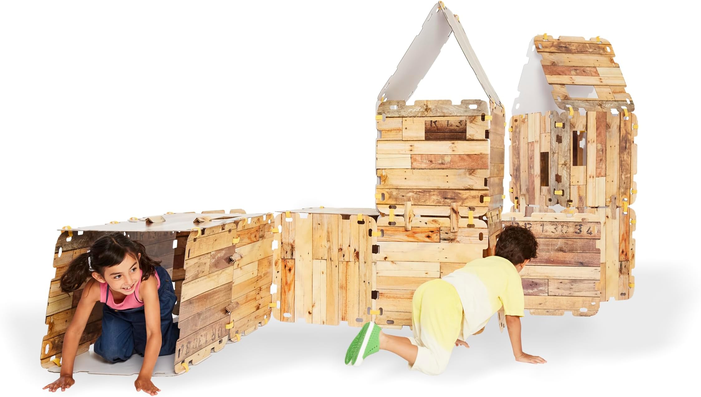 HearthSong 32-Panel Cabin Fantasy Forts Indoor Building Kit with Sturdy 22" Sq. Cardboard Panels and Hook and Loop Connectors