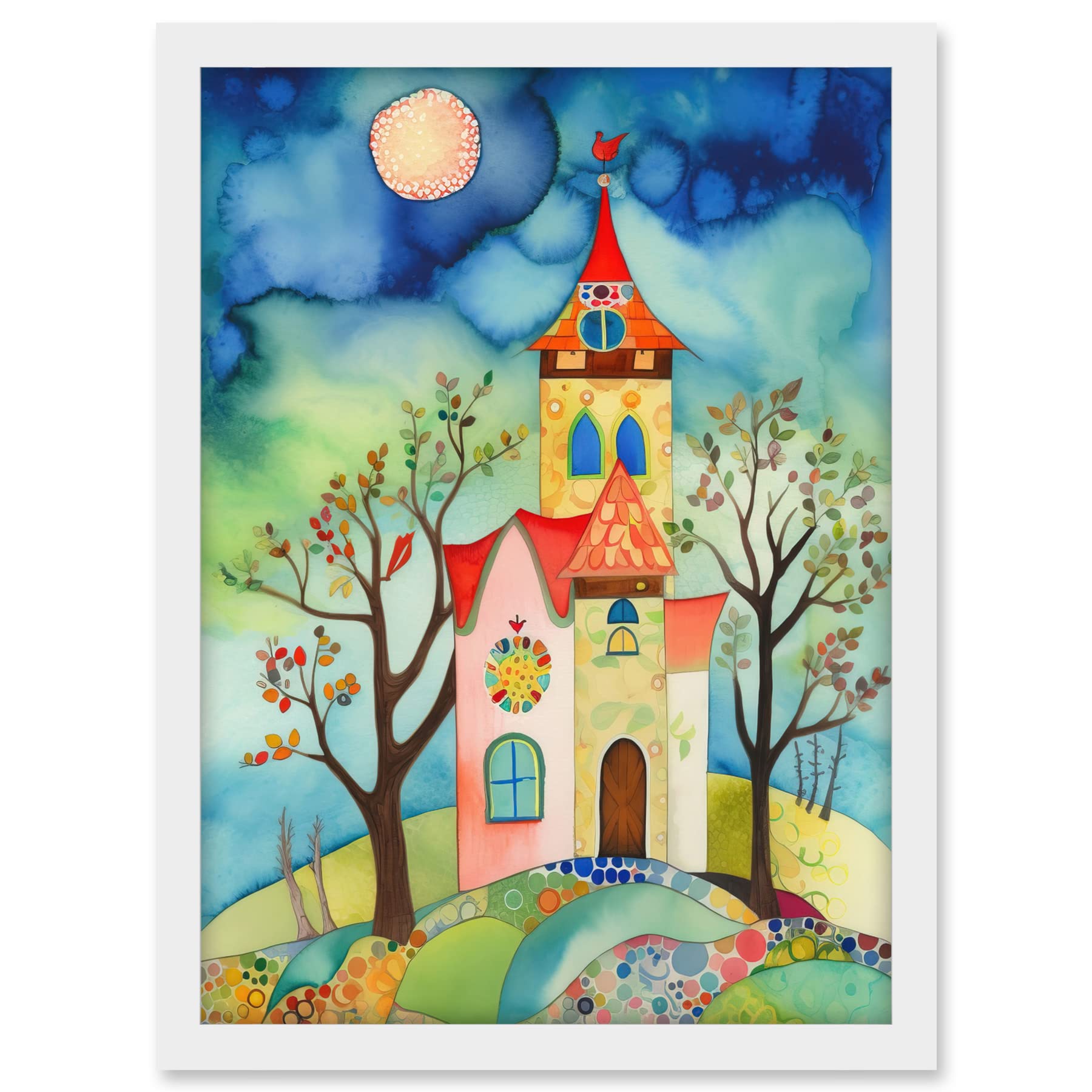 Artery8 Countryside Chapel Folk Art Watercolour Painting Artwork Framed A3 Wall Art Print