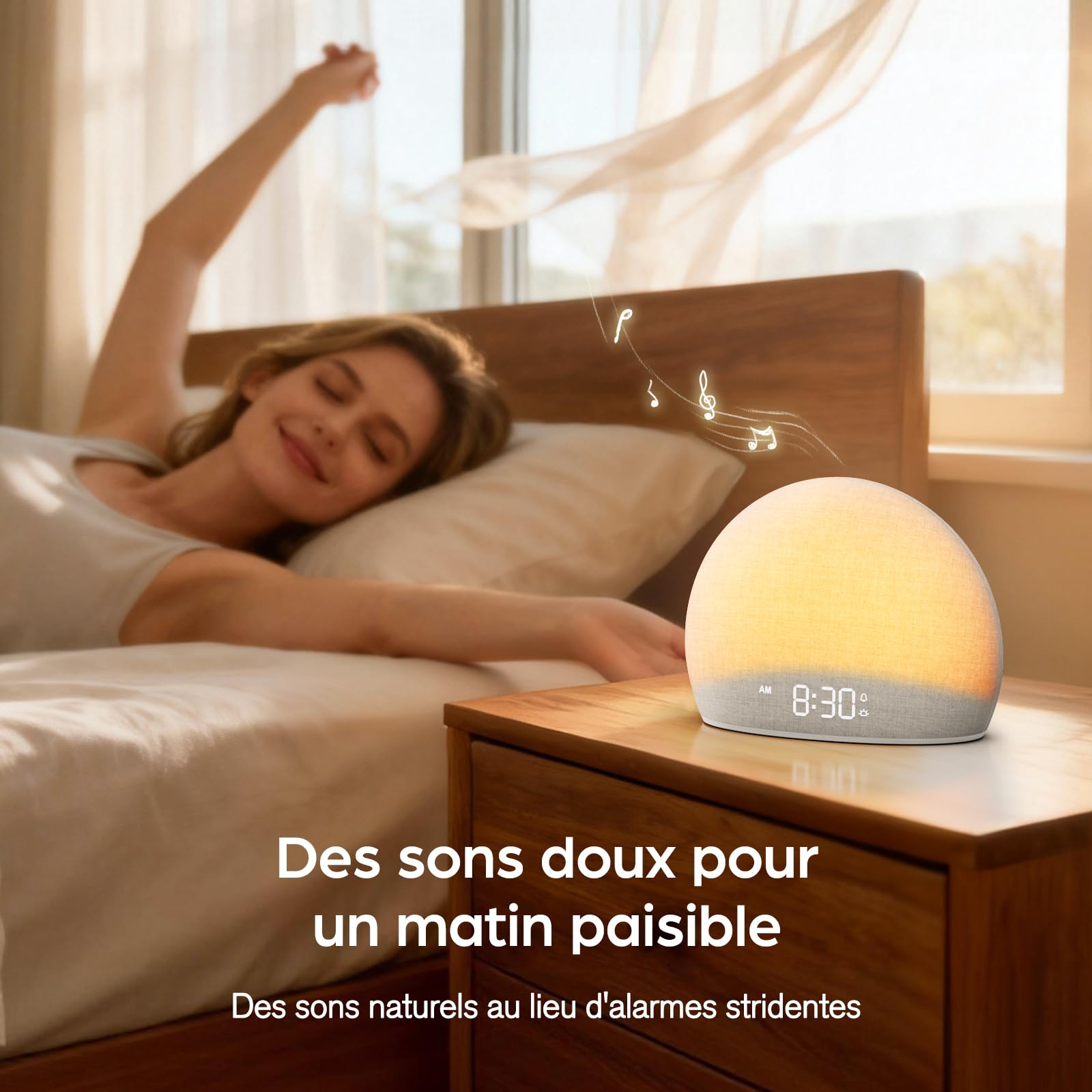 DOUMOSH Réveil Lumineux Sunrise, Machine à Bruits Blancs pour Chambre | Lumière d’Aube Naturelle avec Sons Doux, 20 Sons Relaxants, Affichage Réglable, Design sans Écran