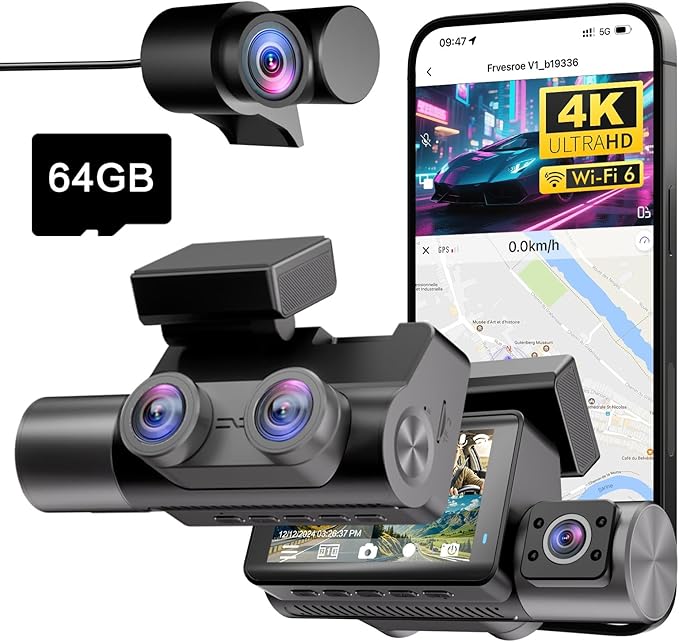 Dash Cam Auto 3 Canali, 4K UHD Anteriore + Full HD Posteriore + Interno, Dashcam con Sorveglianza Parcheggio 24h, WiFi 6 e GPS, Visione Notturna HDR/WDR, Dashcam con scheda 64GB (V1)