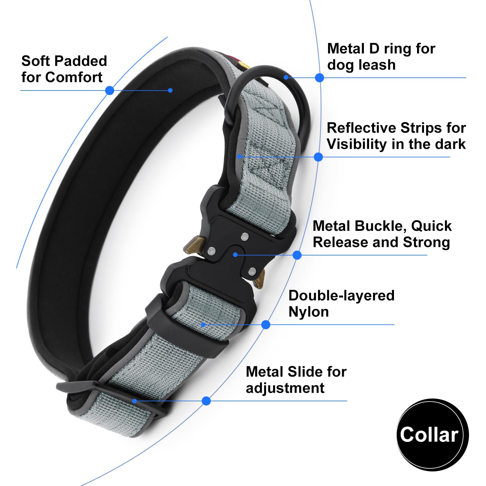 Plutus Pet Tactical Dog Collar, Reflective, Adjustable Heavy Duty Dog Collar, Soft Padded and Comfortable - Image 3