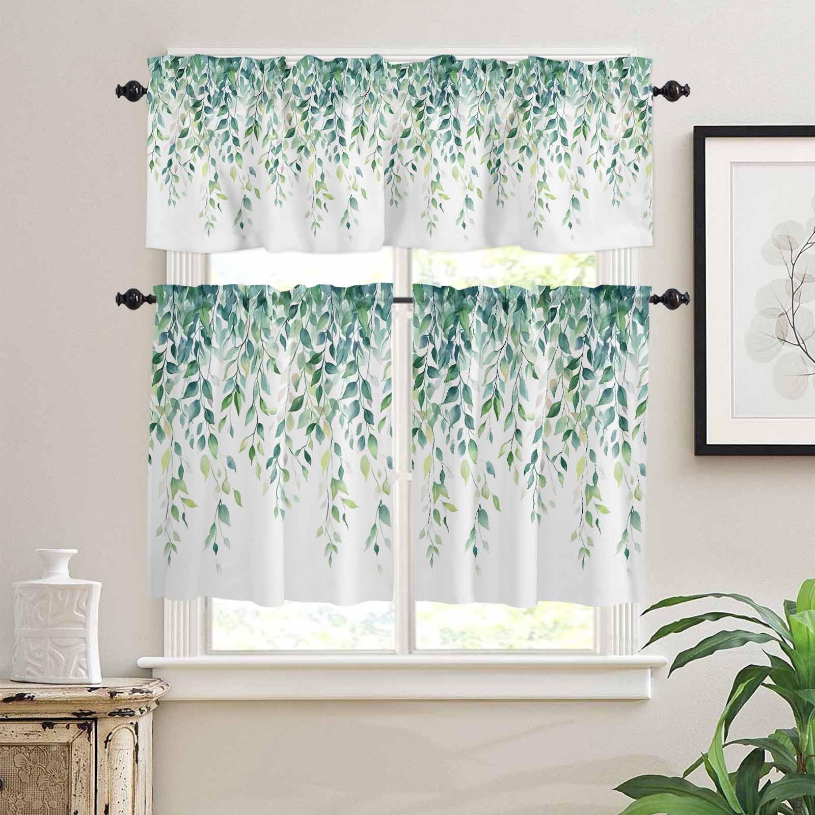 Eucalyptus Leaves Kitchen Curtains 36 Inch Length, 3 Piece Rod Pocket Small Half Tiers and Valance Set, Seasonal Botanical Branches Vines Small Large Window Treatment Decor for Bedroom/Bathroom Sink