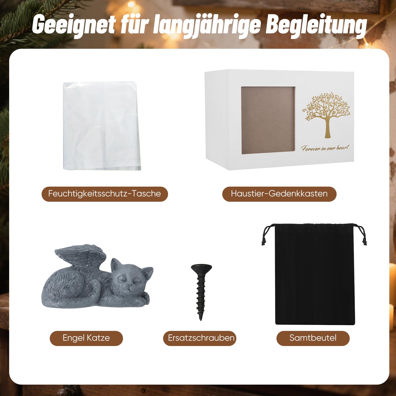 Tierurnen für Katze,katzenurne,katzenurnen für zuhause für Haustierasche mit Foto,Tierurne mit Einer Katzenengel-Statue aus Kunstharz und einem Samtbeutel zur Aufbewahr