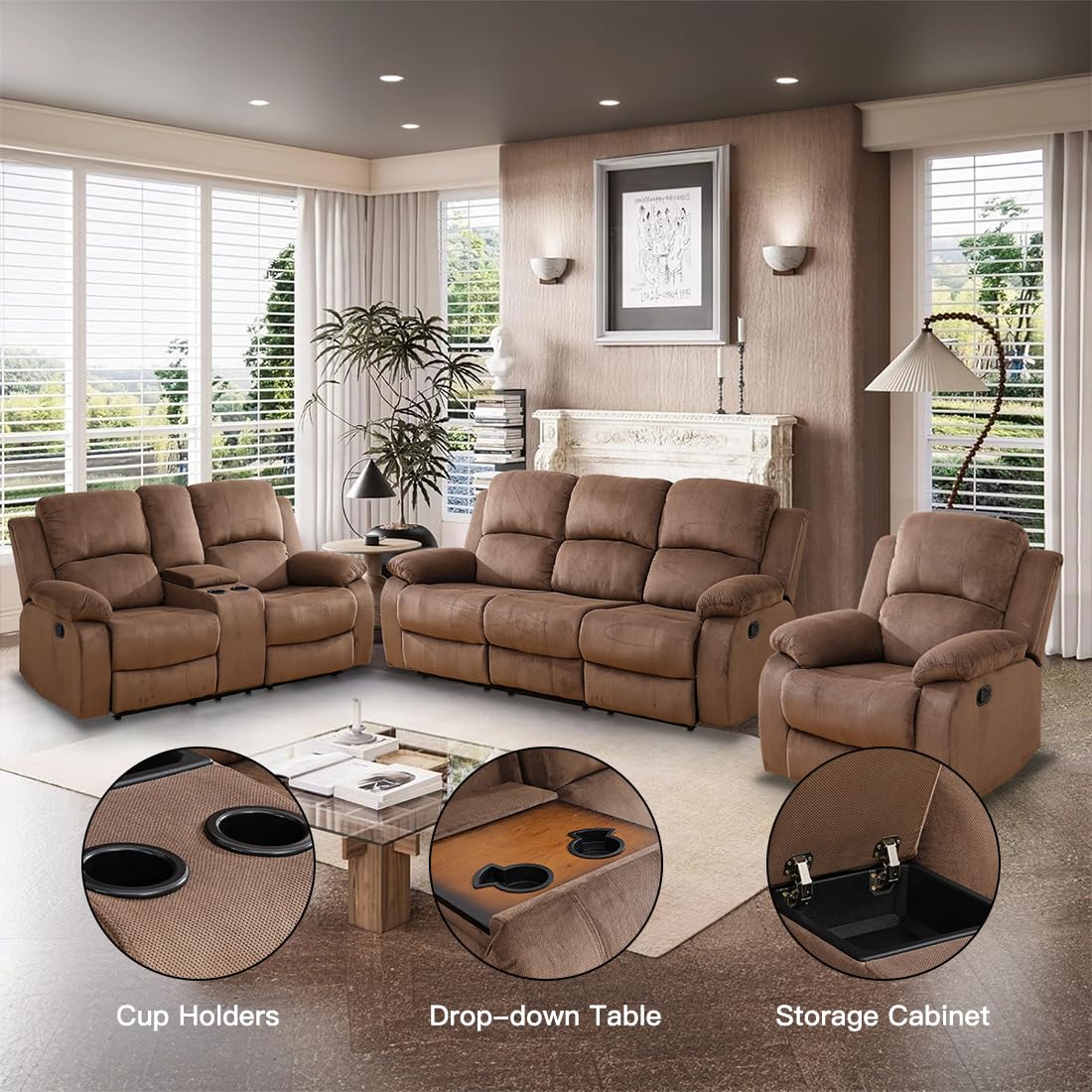 Toseslo Manual Reclining Couch Sofa Set with Drop-Down Table, 3 Pieces Brown Corduroy Recliner Couch Sets, Living Room Furniture Sets, Recliner Sofa with Storage Console/Cup Holder for Home/Apartment view 3