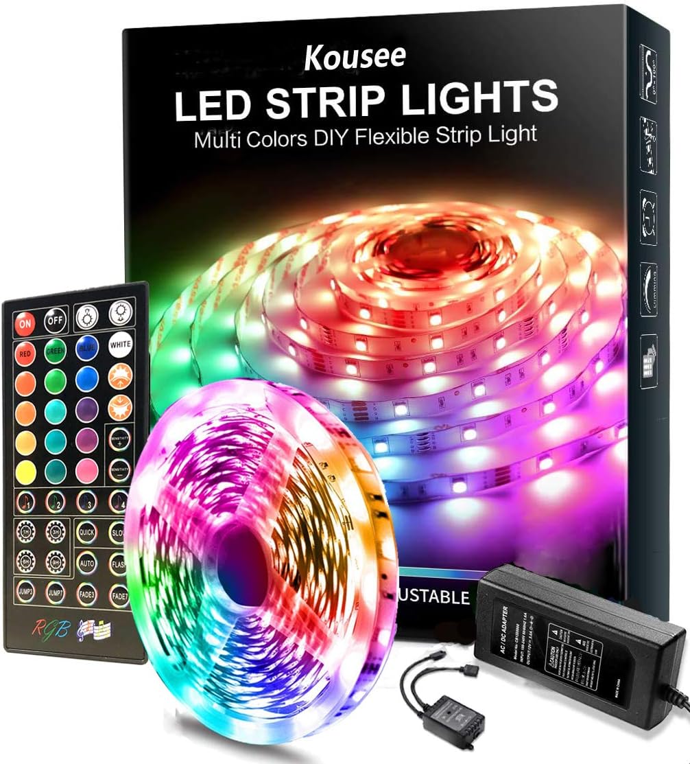 Kousee LED Strip Lights Sync to Music, 16.4ft Flexible 5m Self-Adhesive RGB Light Strips Remote Color Change 150LEDs 5050 Tape Lights Neon Ribbon Room Mood Lighting 12V for Bedroom