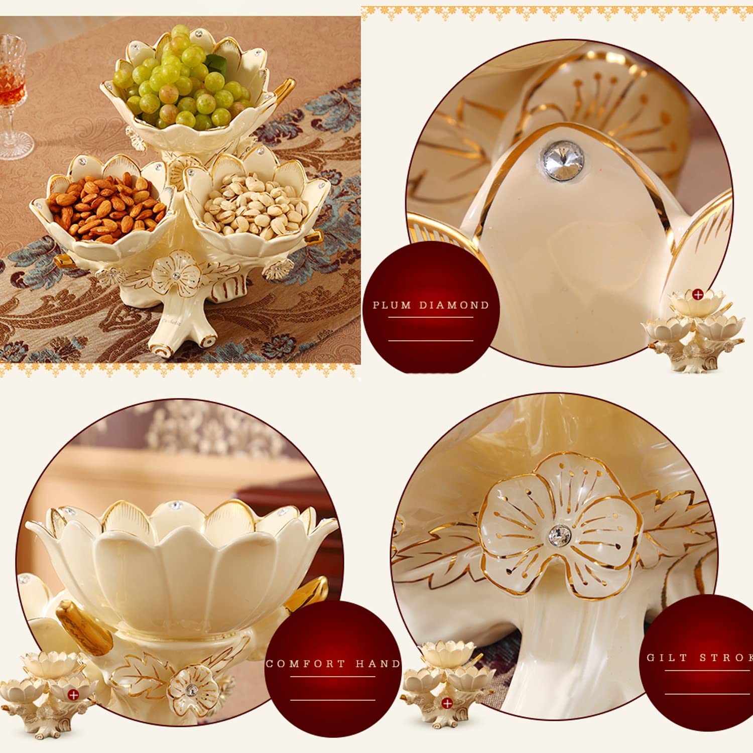 Bol à Fruits en céramique Aspect Lotus Assiette à Fruits secs 3 Compartiments pour collations Noix Fruits secs Bonbons Plateau de Service décoration de,