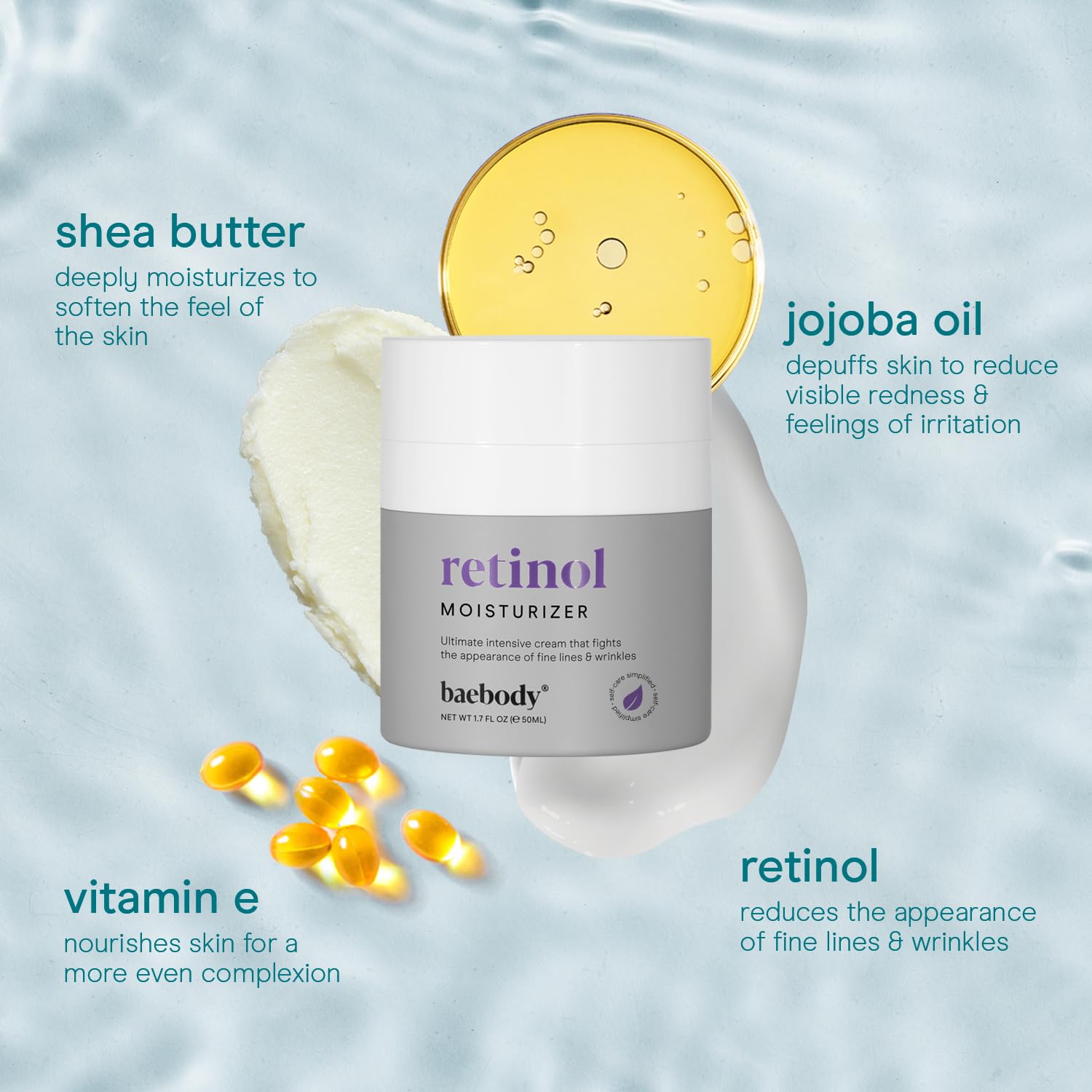 Baebody retinol crema hidratante con retinol, aceite de jojoba y vitamina e, 1,7 onzas | Crema facial antienvejecimiento para líneas finas y arrugas, regalos de belleza para mujeres (50 ml)