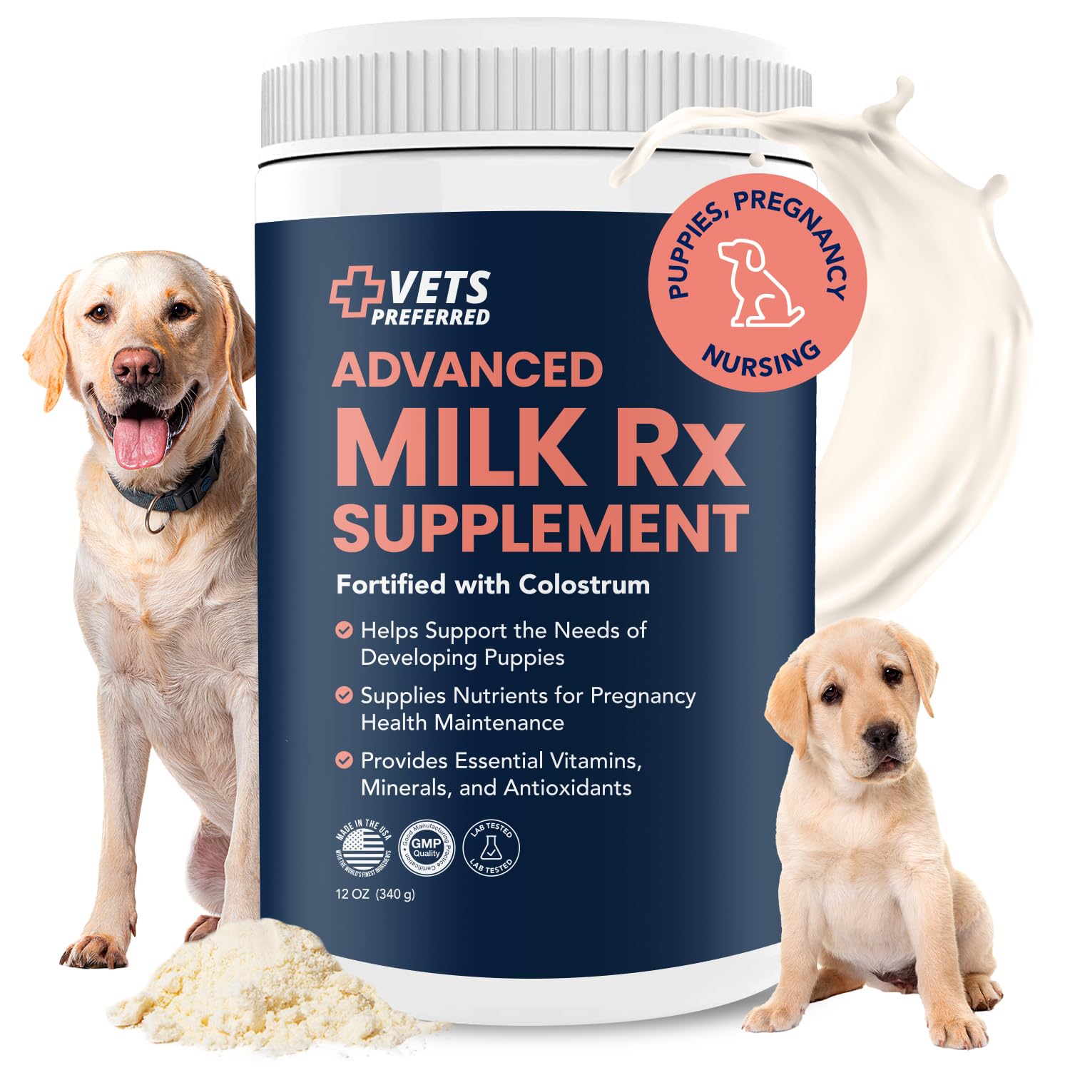 Vets Preferred Puppy Milk Replacement Formula - Dog Milk Replacer Powder Supplement for Pregnant, Lactating, Aging Dogs - Enriched with Colostrum - Nutritious Nursing Formula for Puppies - 12 Oz