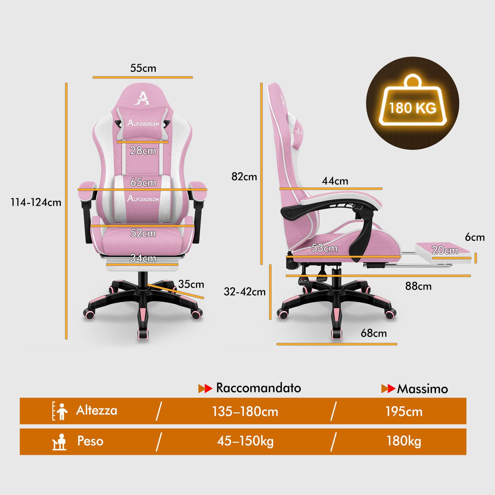 ALFORDSON Sedia Gaming Massaggiante con Poggiapiedi da Case Bianca e rosa | Poltrona Gamer in Tessuto Serie THOR, Schienale regolabile, con supporto lombare e poggiatesta, portata 180 kg