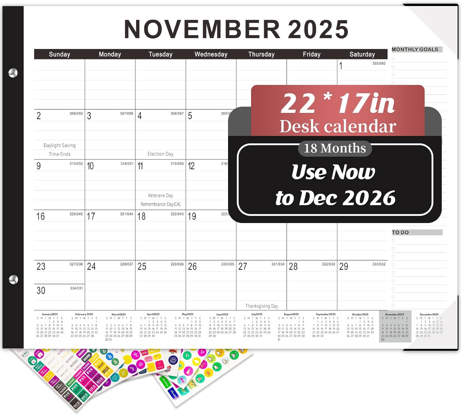 Gannyfer Desk Calendar 2026, Large 2026 Desk Calendar 22" x 17", Now to Dec 2026, 18 Monthly Academic Desktop Calendar 2026 with To-Do List, 2026 Calendar for Office, School, Home(6 Stickers) Black 22" x 17"(Now - Dec.2026)