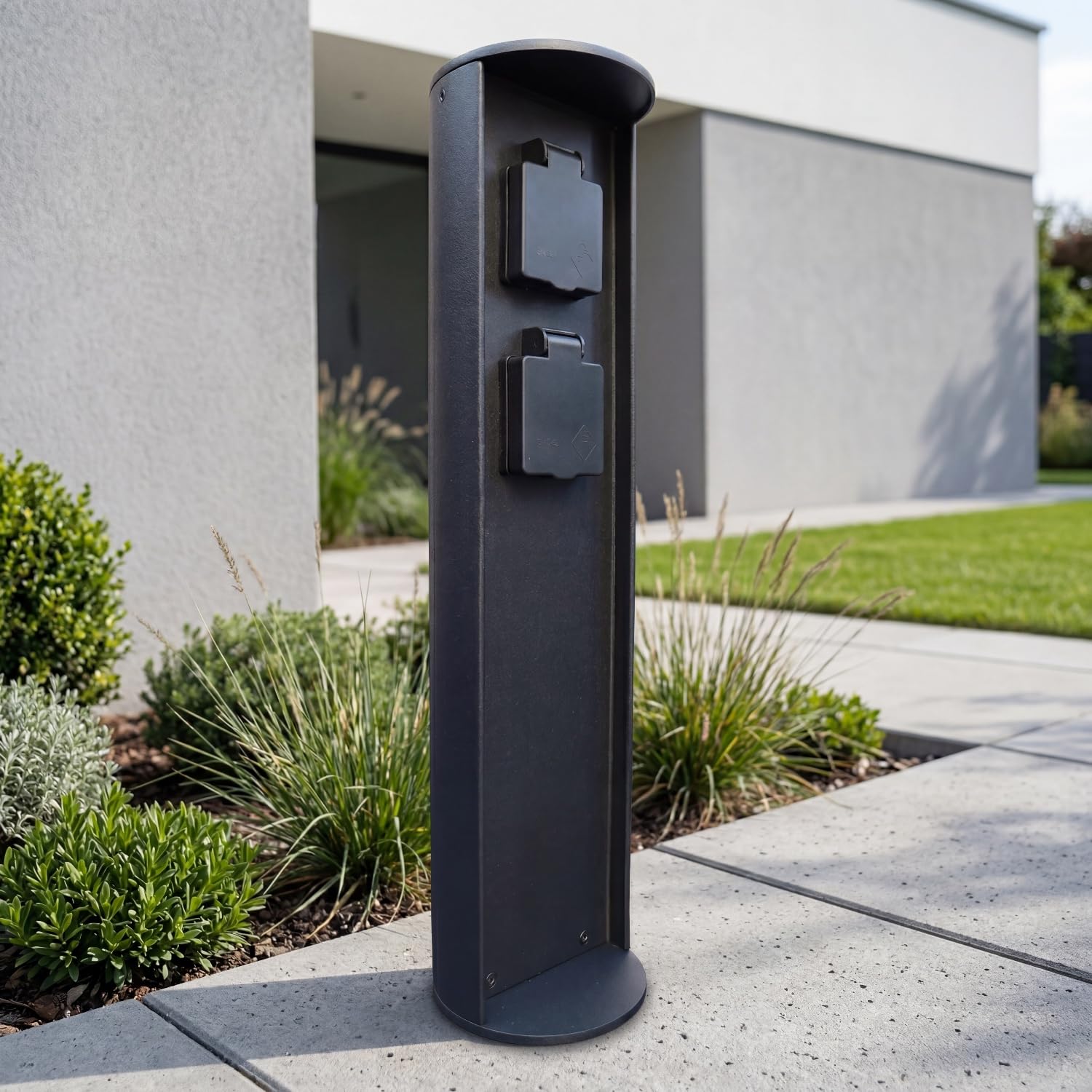 Colonnina di prese da esterno in alluminio nero IP44 presa da giardino con due prese H: 40 cm max. 3500 W resistente alle intemperie presa da esterno intramontabile ARKNON