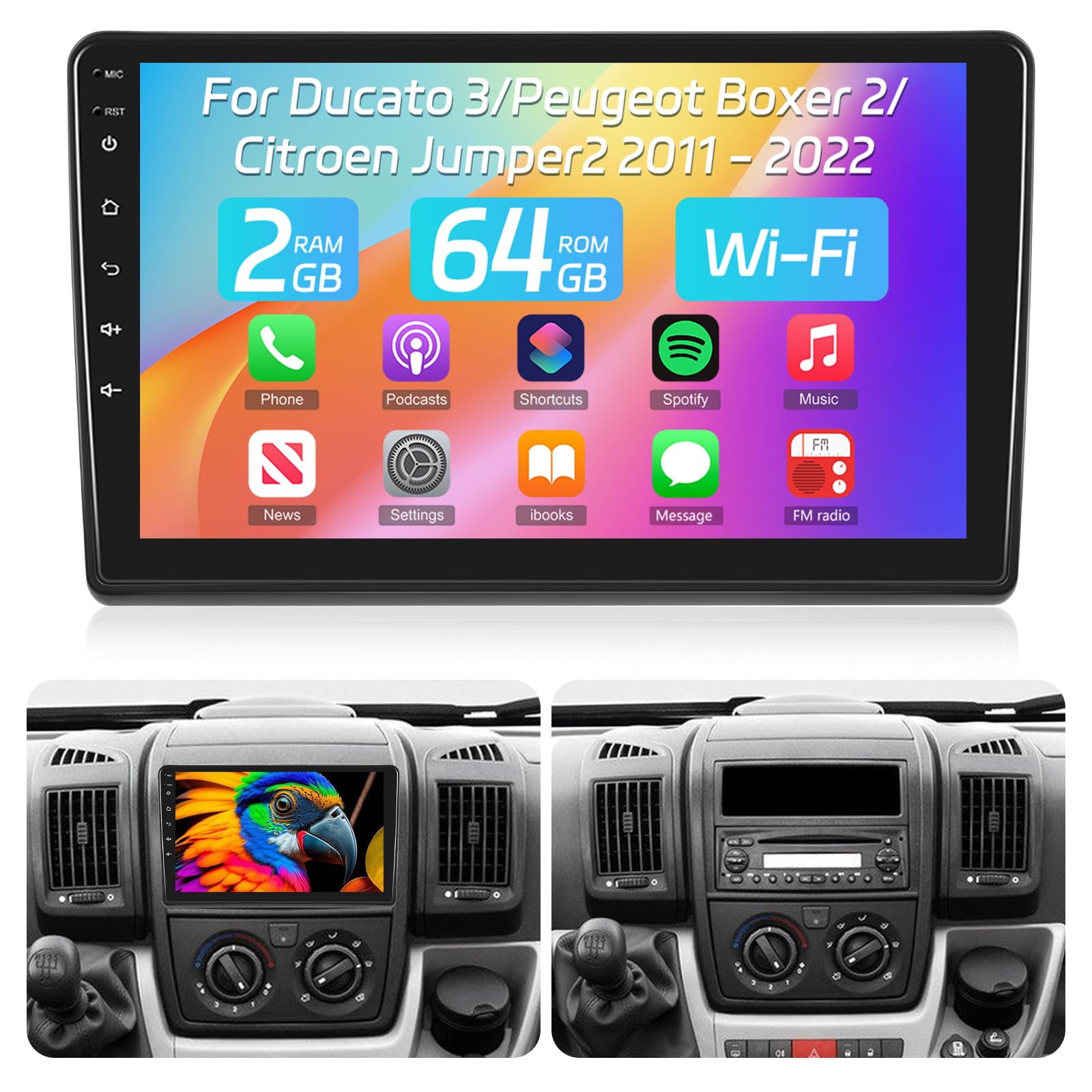 Autoradio Android 9" Pour Ducato 3/Boxer 2/Jumper 2 (2011-2022) - 2Go+64Go, CarPlay/Android Auto Sans Fil, GPS, WiFi, Caméra Recul