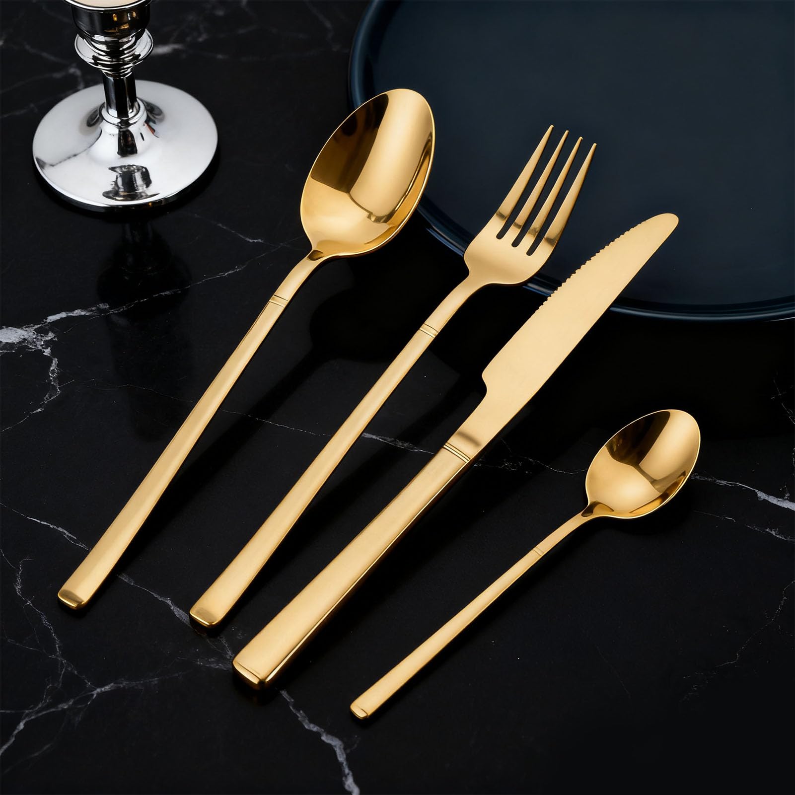 Set di posate moderne in acciaio inox, stoviglie eleganti per la casa, il ristorante, lavabile in lavastoviglie (oro)