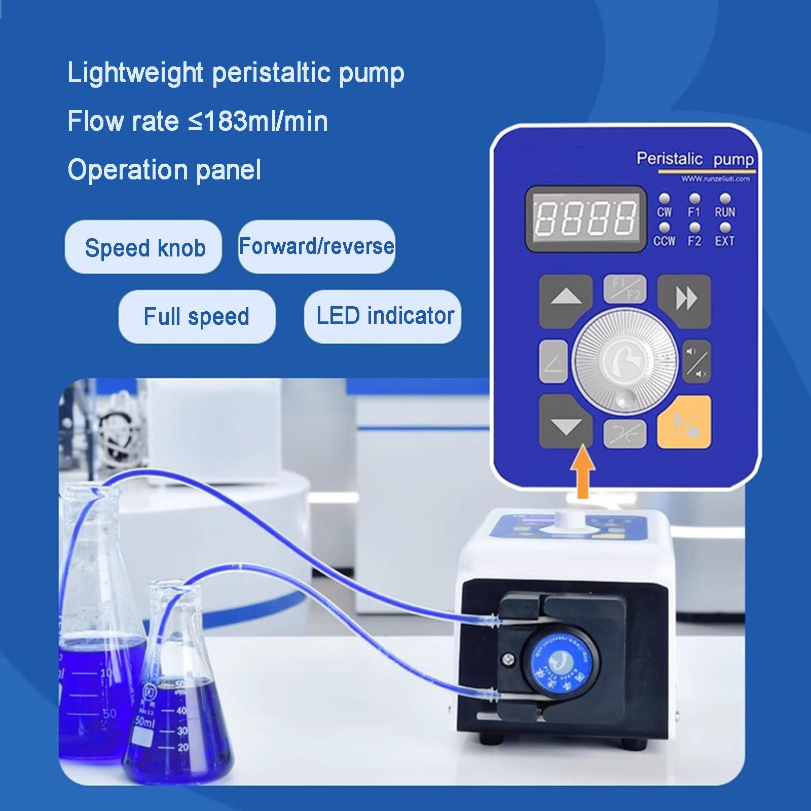 Bomba peristáltica de 24 V, bomba dosificadora de líquido de alto flujo 0-183 ml/min, velocidad variable 0.1-400 rpm, controlador de pie para aplicaciones de laboratorio y acuarios