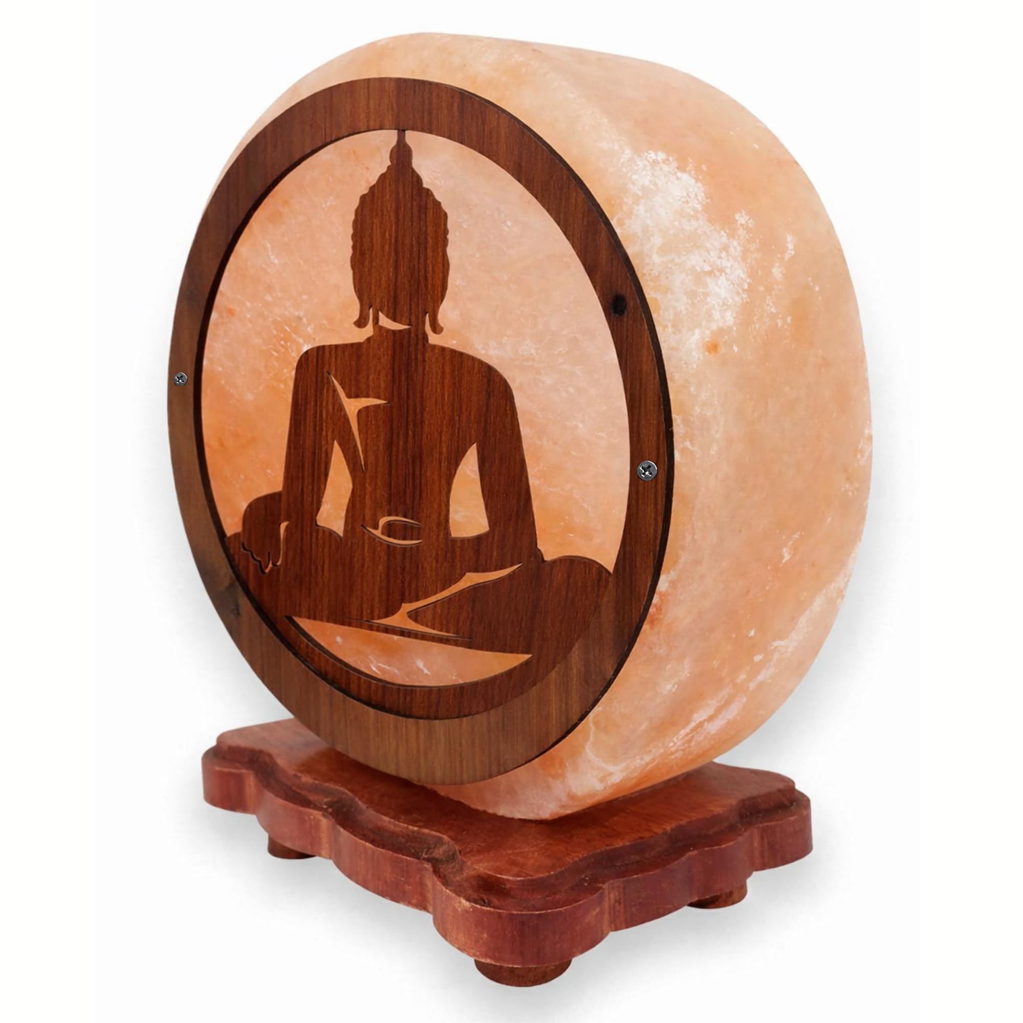 Lampe en sel de l'Himalaya - Buddha - 20 x 22 x 10 cm - Avec base en bois, câble et ampoule inclus - Fabriquée artisanalement