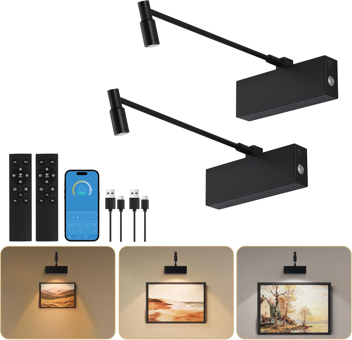 Picture Light for Wall with Adjustable LED Beam, Wireless 8000mAh Rechargeable Art Light with Remote, Battery Operated Wall Light, Dimmable and Zoomable Spotlight for Paintings (Black, 2 Pack)