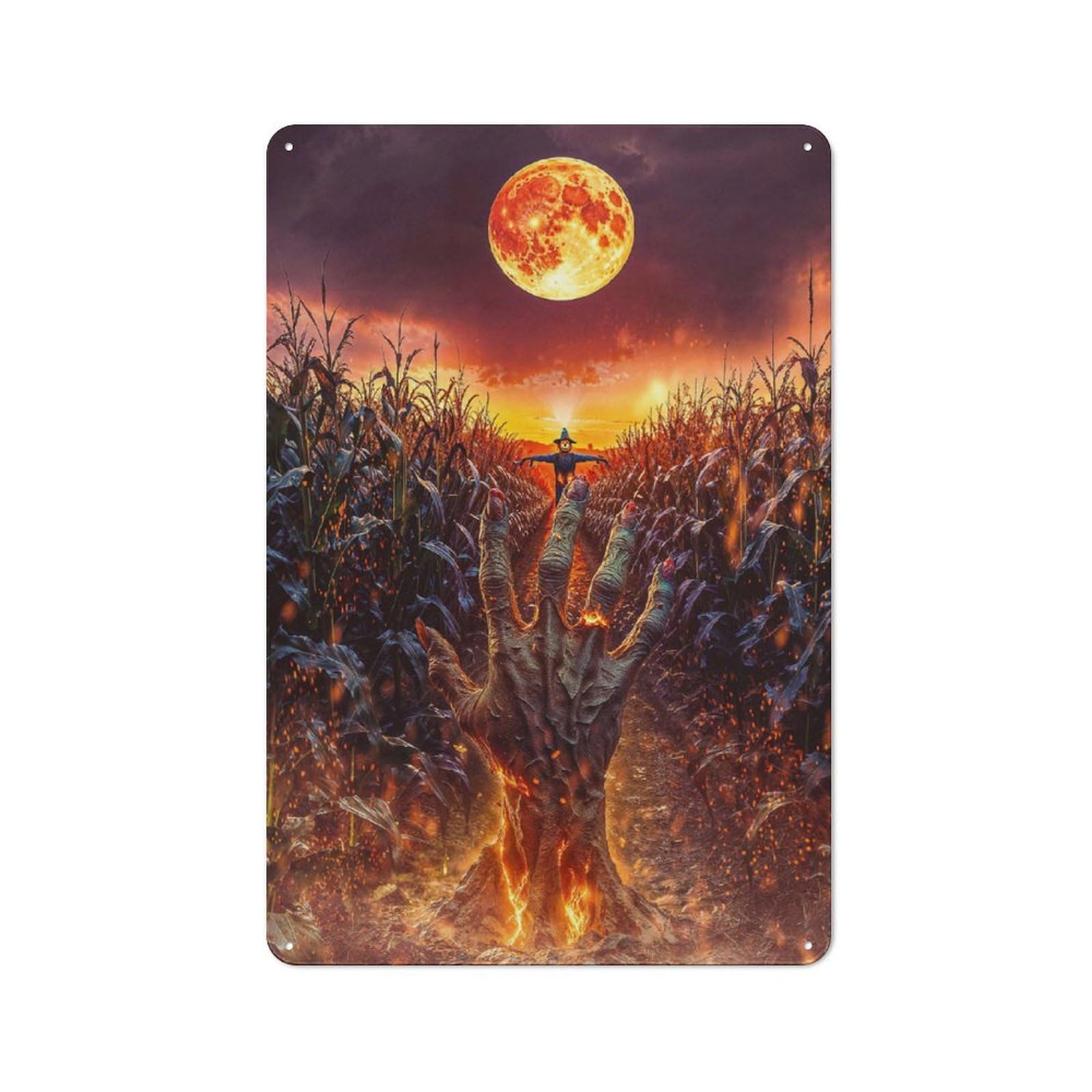 Junmoney Burning Hand In Cornfield En Halloween Rustic Metal Plaque 30X20cm For Guest Room Or Hallway, A Decorative Metal Sign For Guest Rooms And Hallways