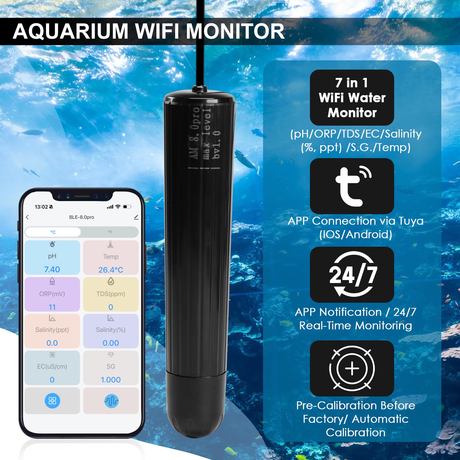 Probador de calidad del agua 7 en 1 WiFi sonda de acuario monitor de agua para pH, temperatura, TDS, salinidad, EC, ORP, S.G con alertas en tiempo real a través de la aplicación para peceras