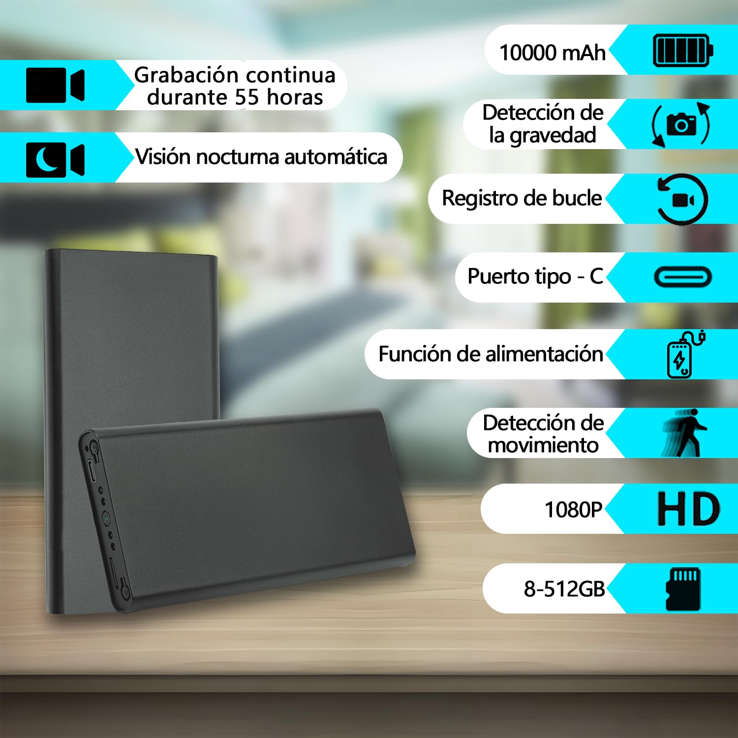 Caméra portable espion cachée, caméra de surveillance mini, caméra de sécurité chargeur portable 10 000 mAh 1080P Détection de mouvement - Vision nocturne automatique - Capteur de gravité