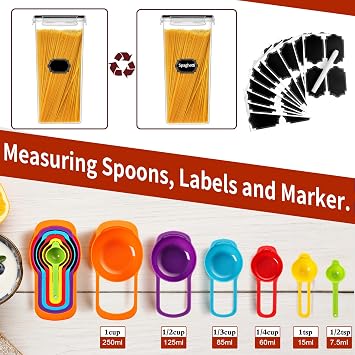 PRAKI 30 Pack Airtight Food Storage Containers for Organizers and Storage | Kitchen Storage Containers for Cereal Flour Sugar Storage, BPA Free, 5 Sizes, Container with 20 Labels, 6 Spoon & Marker