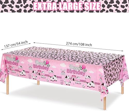 Miniatura 2 de Tiamon Mantel de 3 piezas de decoración de fiesta de cumpleaños de vaca de 108 x 54 pulgadas, funda de plástico con estampado de vaca rosa, manteles