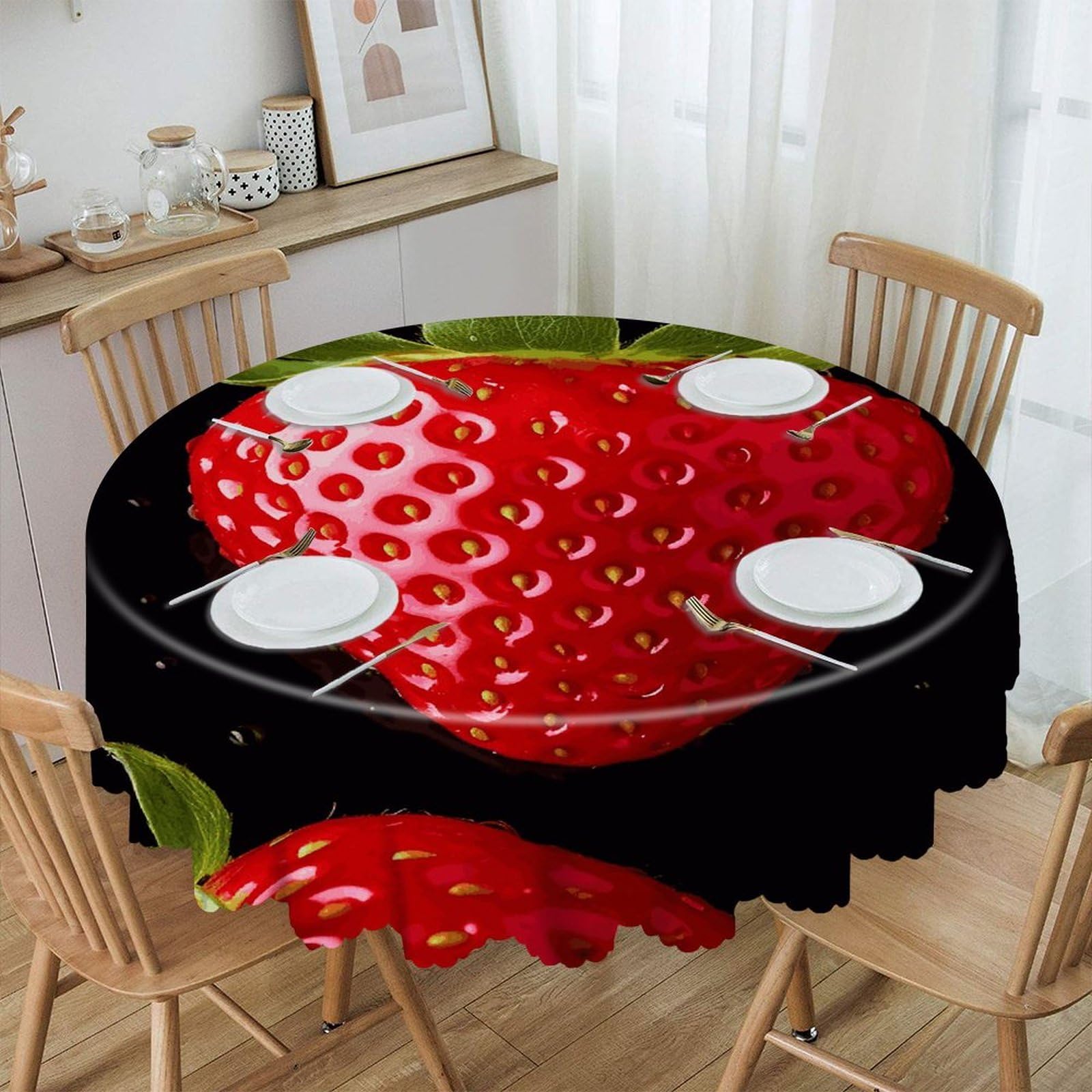 FekiLoot 60 Inch Round Strawberry Tablecloth Waterproof Heavy Duty Polyester Table Cloth Spill-Proof Wipeable Table Cover Decorative Circle Dining Tablecover for Party Outdoor