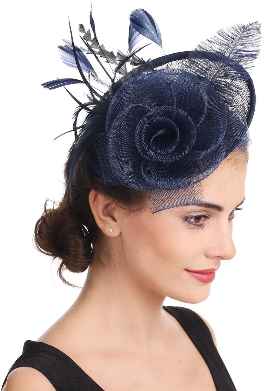 SAFERIN Women's Fascinators Feathers Tea Party Hat Veil Headband with Hair Clip for Cocktail Church - Image 4
