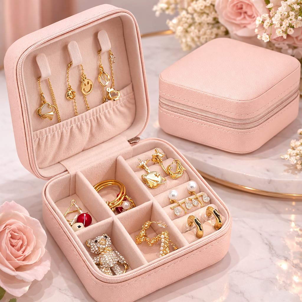 Small Travel Jewellery Organiser Box, PU Leather, Pink, Portable Mini Square Case with Zipper and Dividers for Rings, Earrings, Necklaces, 10x10x5 cm (PINK)