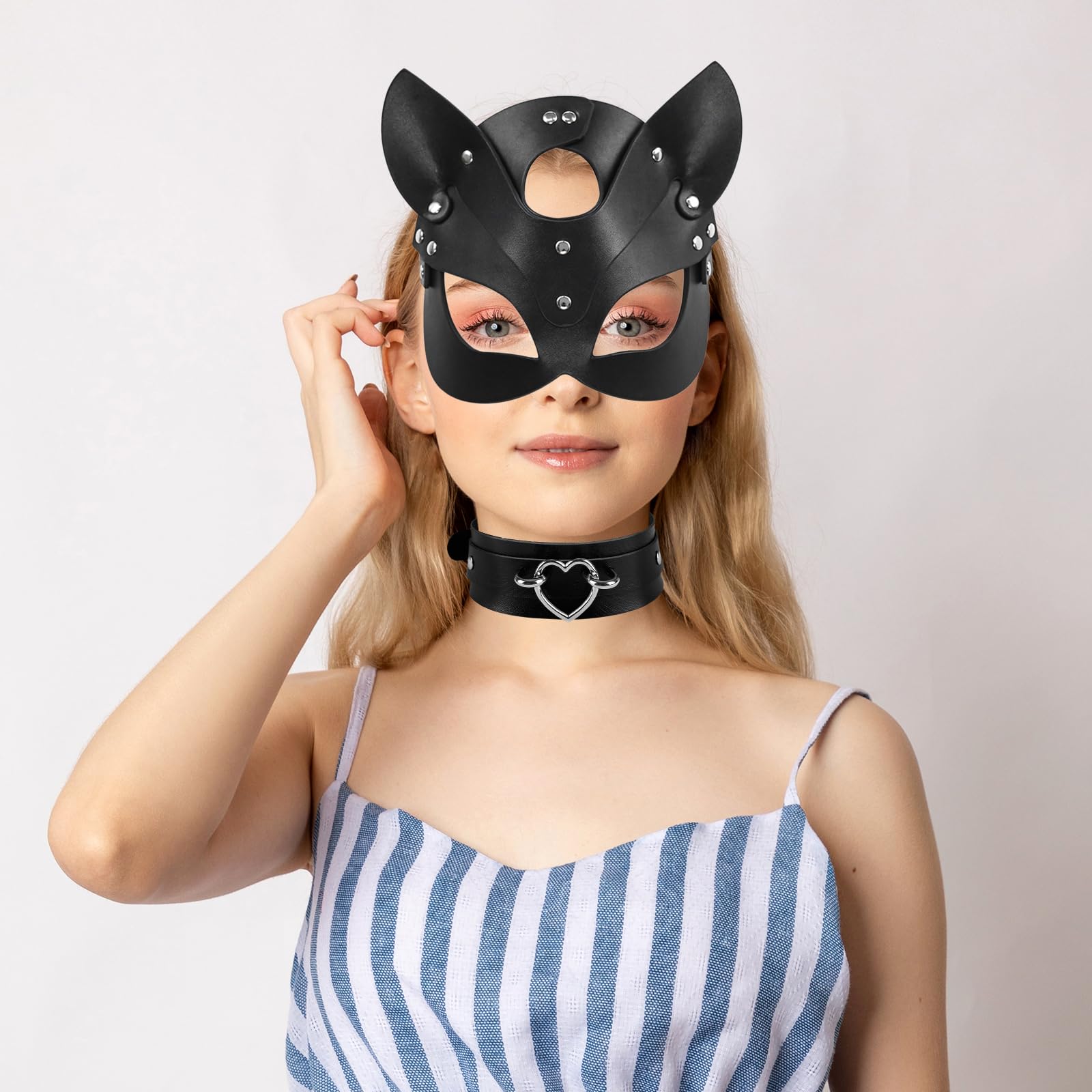 OIDEA Leather Mask Set: Black Choker Mask Set for Women Half Face Masks Adults Cosplay Costume Party Props Accessory: Black Set-a
