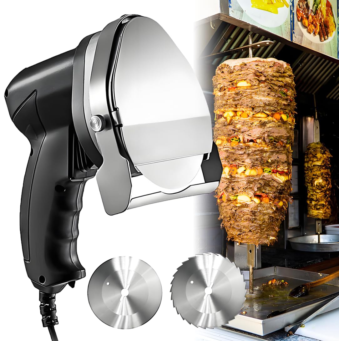 Coltello da Taglio Elettrico Professionale,Coltello Elettrico per Kebab,Contiene 2 Lama di Diametro 12 cm, Spessore di Taglio da 0 a 8 mm, Acciaio Inossidabile Wired