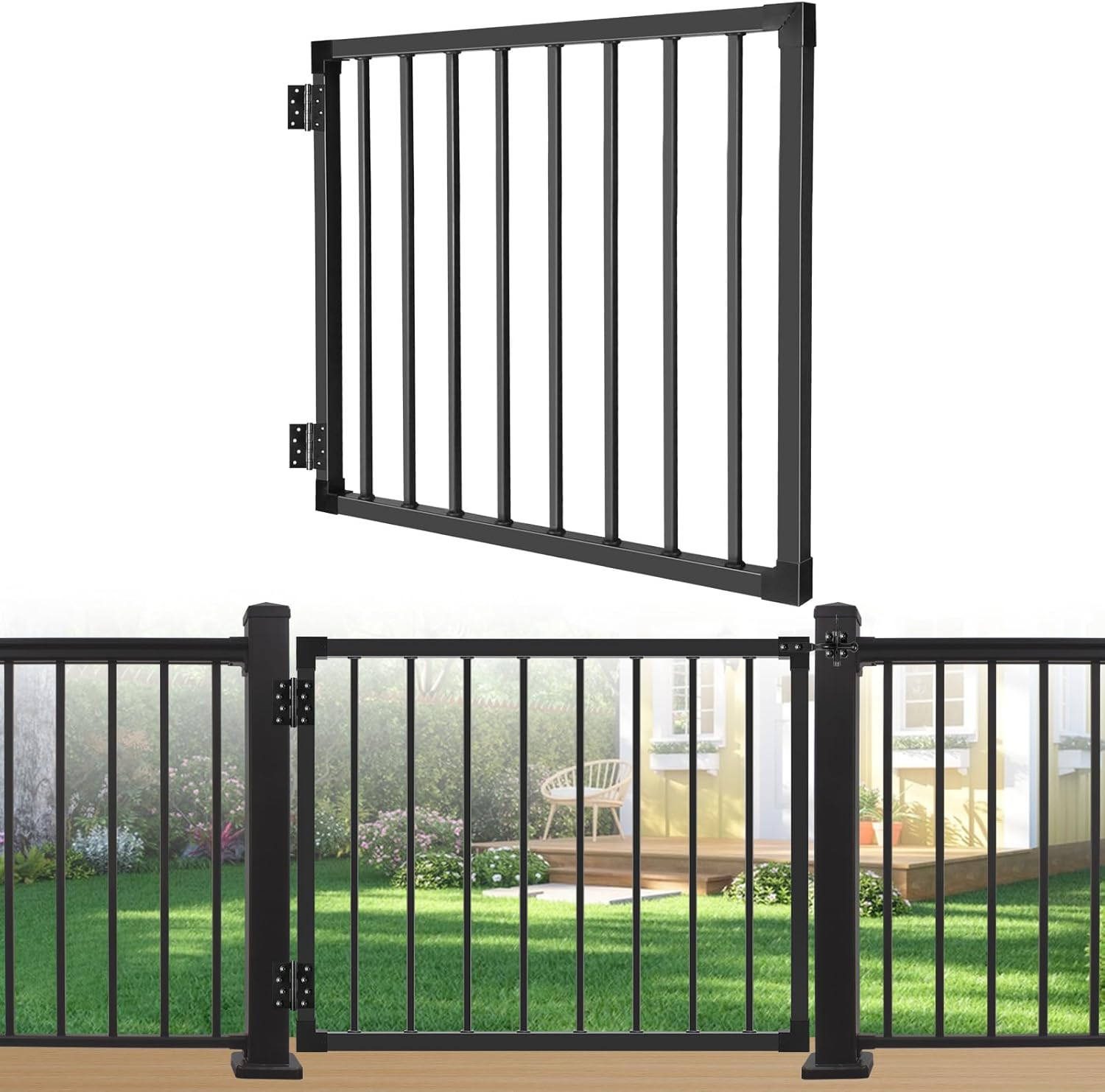 Deck Fence Gate Outdoor, 32? Gate for 36? Deck, Black Heavy Duty Steel Anti-Rust Door with Cuttable Width (Up to 48"), Metal Gate for Residential, Yard, Patio, Hinges and Latch Included Black 32?