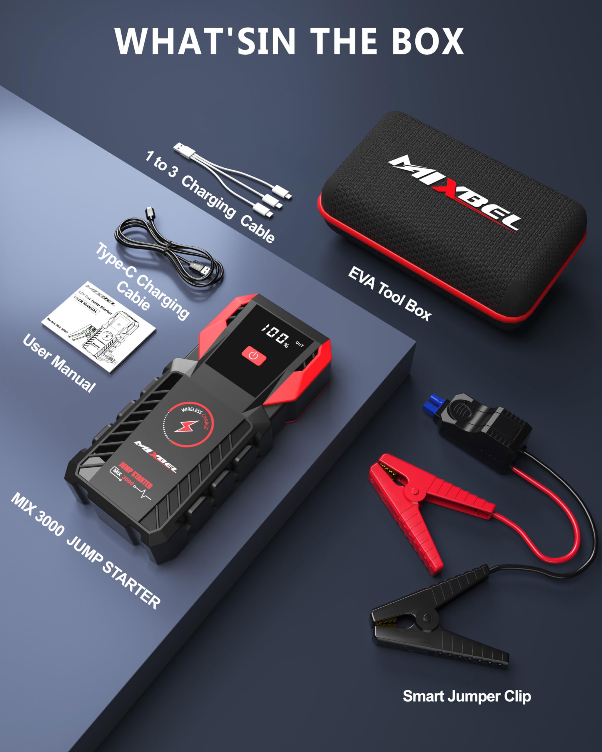 Arrancador de Baterias de Coche, 3000A Peak 12V Arrancador de Coches 24000mAh, Booster Arrancador Portatil para Motores Gasolina o DiéSel de 8L, con Luz LED, USB QC 3.0, Carga InaláMbrica
