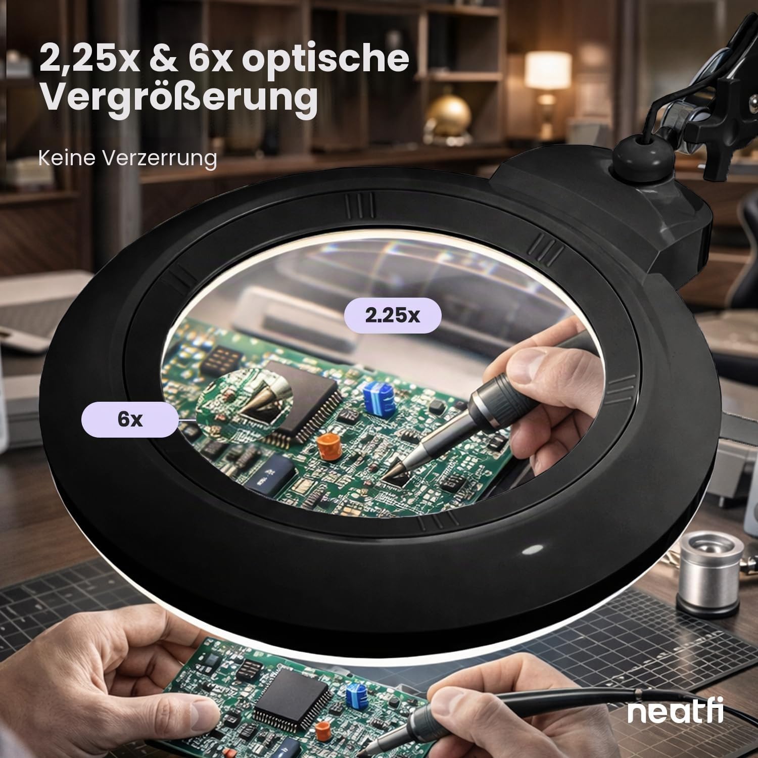 Neatfi XL Bifokale LED-Lupenleuchte, 2,25-fache/6-fache Vergrößerung, 1.600 Lumen dimmbar | freihändiges Arbeiten im Nahbereich | Für Basteln, Schmuckarbeiten & Lesen (Schwarz, 18 cm Linse)