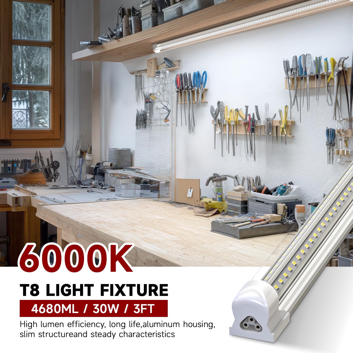 2-Pack 3FT LED Shop Lights, 30W 4680LM 6000K Super Bright, T8 Integrated Tube Lights, 270 Degree Lighting for Garage Warehouse