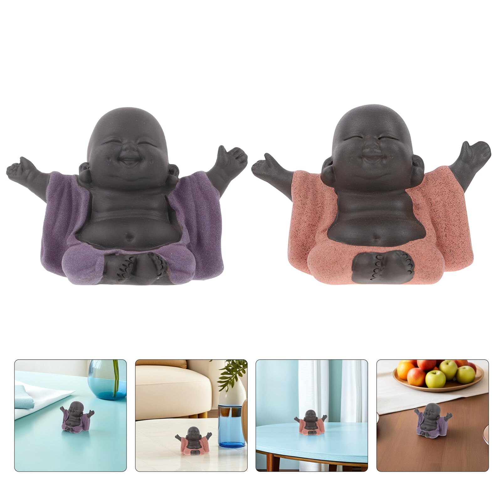 Statua di Buddha Sorridente Ornamento Classico Eleganza Artigianale in Argilla Viola 2, Decorazione da Tavolo Versatile per Ufficio e Casa